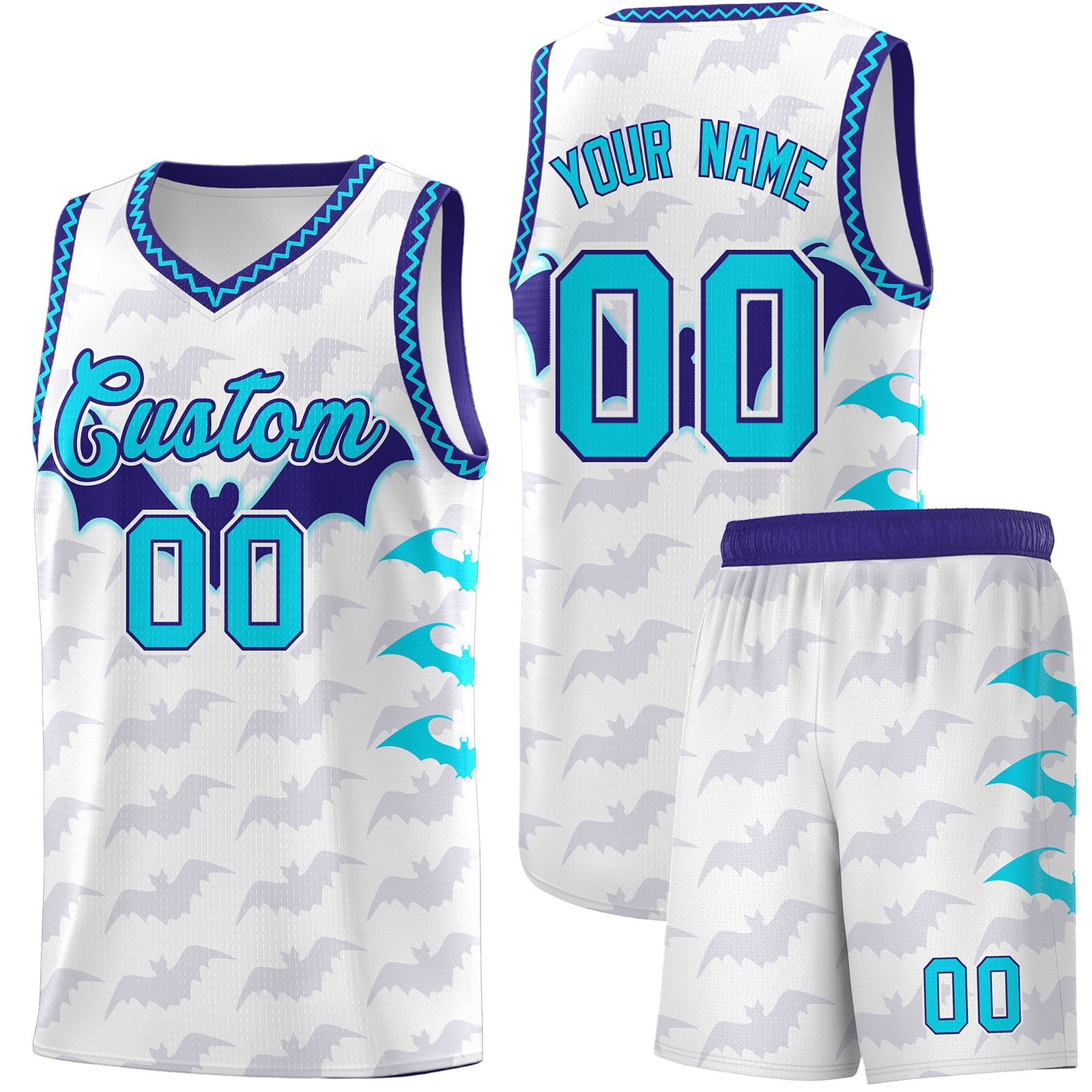 Custom White Sky Blue Bat Pattern Halloween Basketball Jersey | For Men,For Kid,For Youth,Sublimation Printed,Perfect for Training,Perfect for Parties,Add Name and Numbern | KXKSHOP