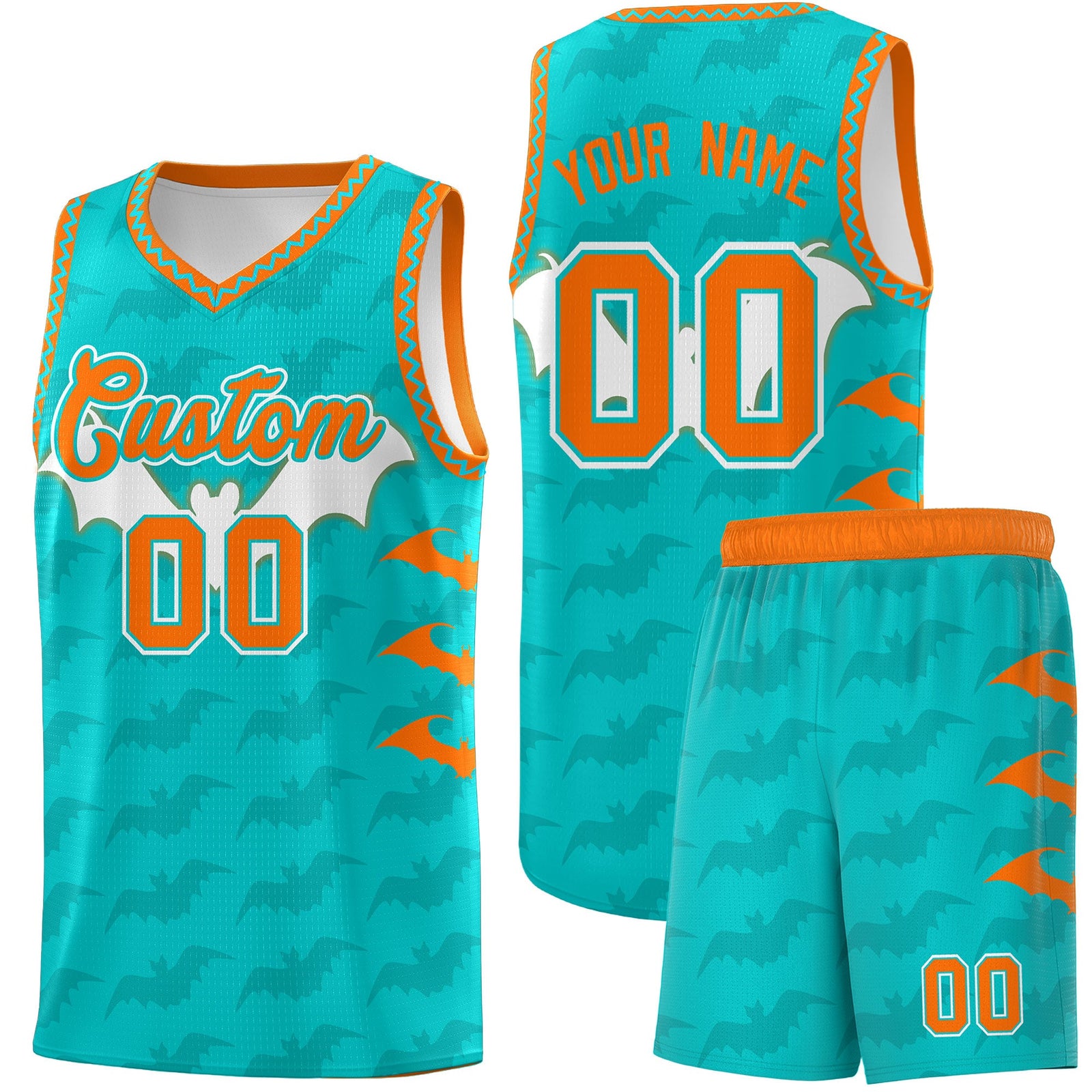 Custom Aqua Orange Bat Pattern Halloween Basketball Jersey | For Men,For Kid,For Youth,Sublimation Printed,Perfect for Training,Perfect for Parties,Add Name and Numbern | KXKSHOP