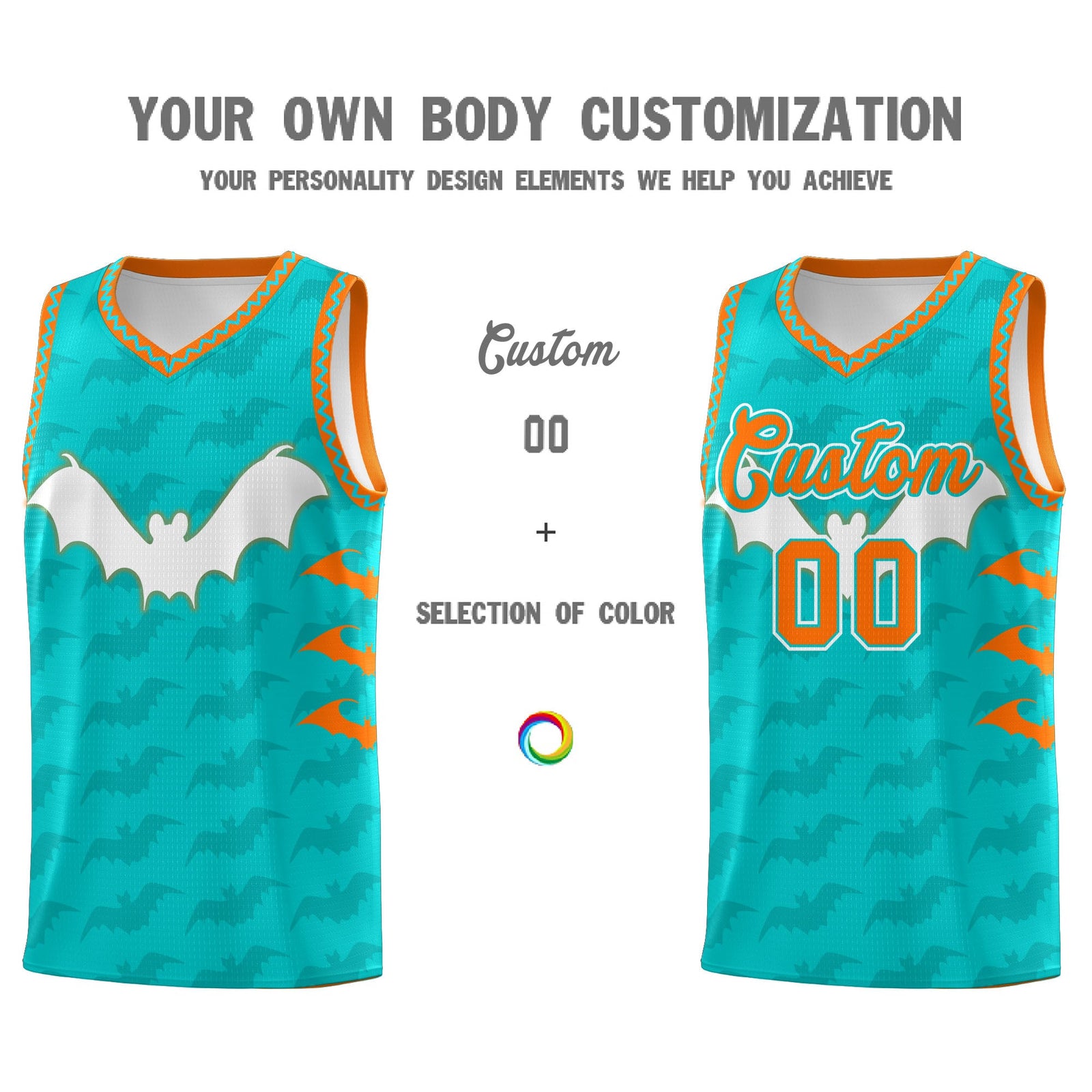 Custom Aqua Orange Bat Pattern Halloween Basketball Jersey | For Men,For Kid,For Youth,Sublimation Printed,Perfect for Training,Perfect for Parties,Add Name and Numbern | KXKSHOP