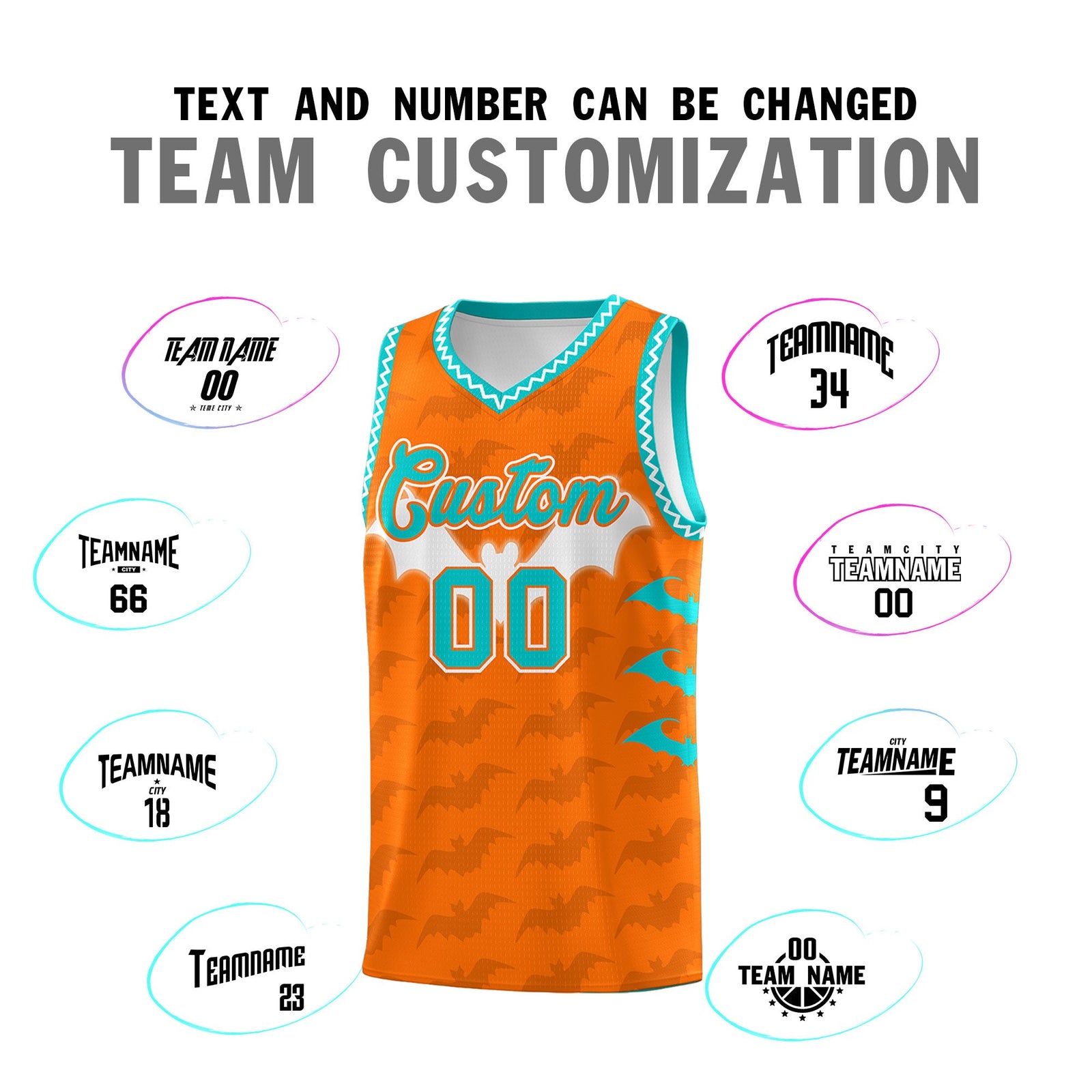 Custom Orange Aqua Bat Pattern Halloween Basketball Jersey | For Men,For Kid,For Youth,Sublimation Printed,Perfect for Training,Perfect for Parties,Add Name and Numbern | KXKSHOP
