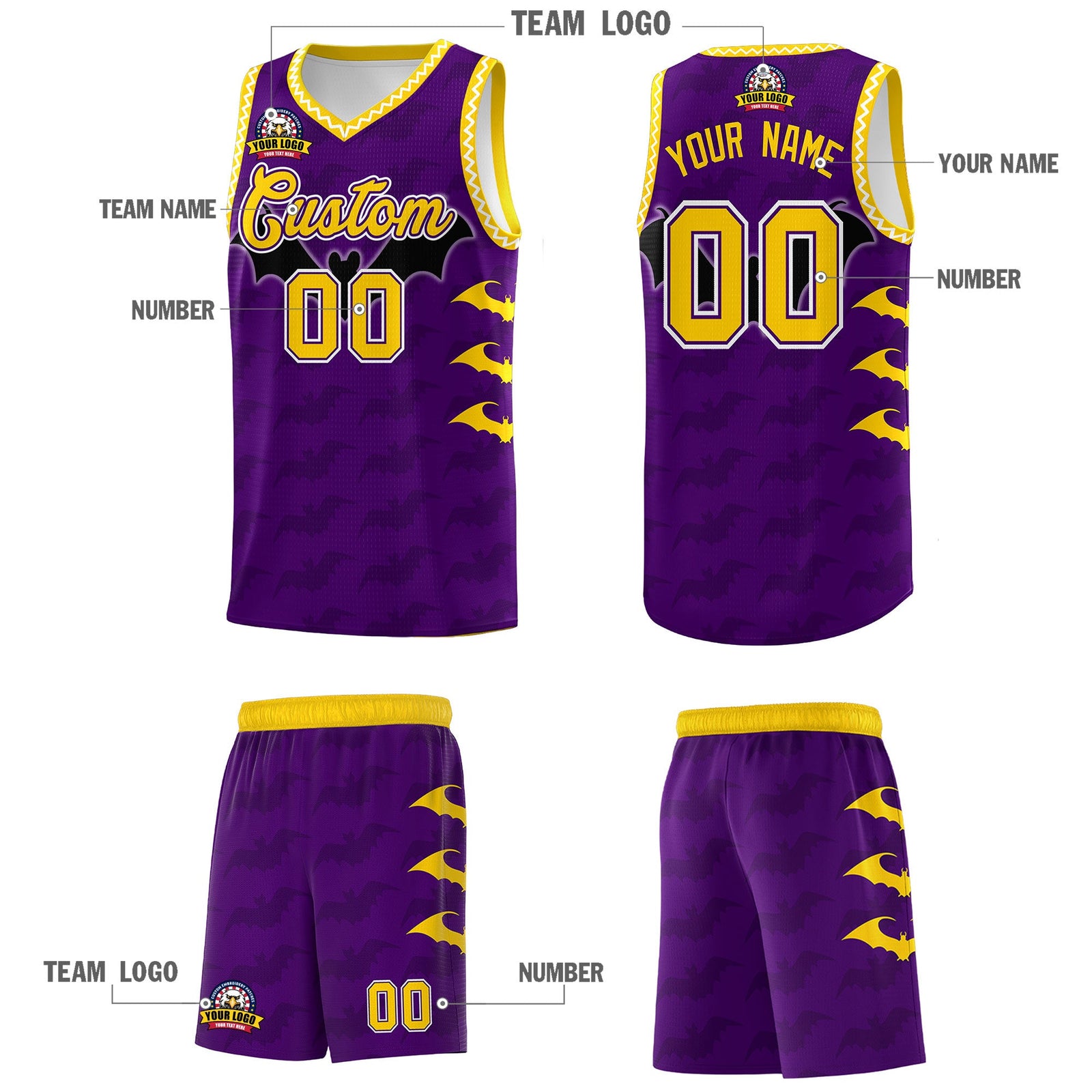 Custom Purple Gold White Bat Pattern Halloween Basketball Jersey | For Men,For Kid,For Youth,Sublimation Printed,Perfect for Training,Perfect for Parties,Add Name and Numbern | KXKSHOP