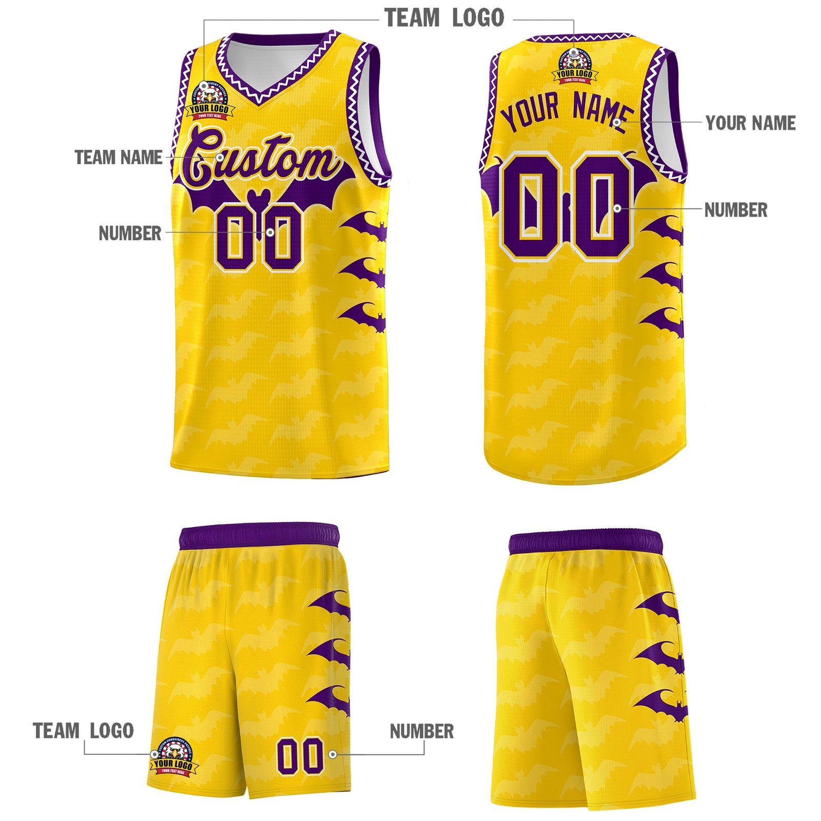 Custom Gold White Purple Bat Pattern Halloween Basketball Jersey | For Men,For Kid,For Youth,Sublimation Printed,Perfect for Training,Perfect for Parties,Add Name and Numbern | KXKSHOP