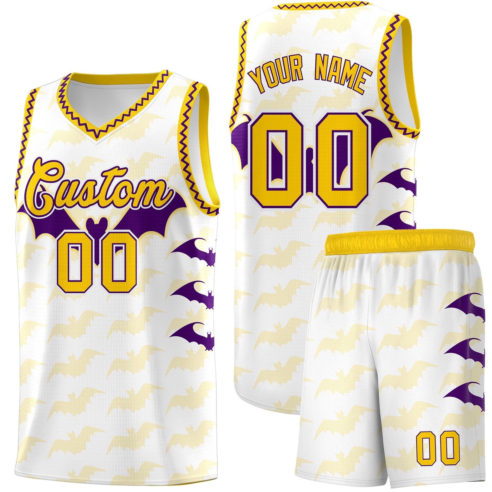 Custom White Purple Gold Bat Pattern Halloween Basketball Jersey | For Men,For Kid,For Youth,Sublimation Printed,Perfect for Training,Perfect for Parties,Add Name and Numbern | KXKSHOP