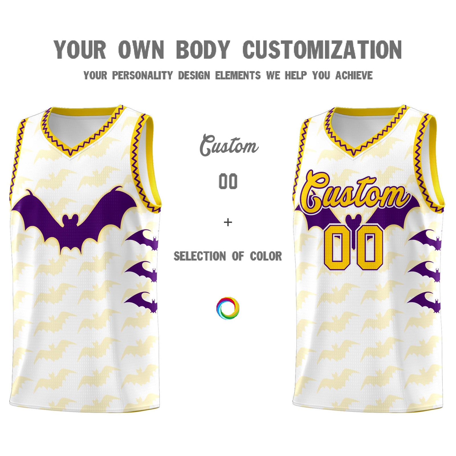Custom White Purple Gold Bat Pattern Halloween Basketball Jersey | For Men,For Kid,For Youth,Sublimation Printed,Perfect for Training,Perfect for Parties,Add Name and Numbern | KXKSHOP