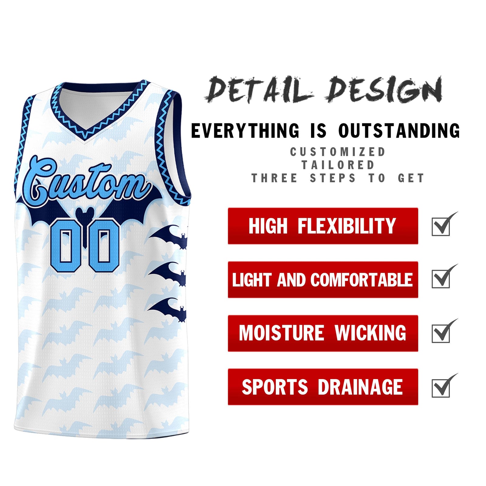Custom White Powder Blue Bat Pattern Halloween Basketball Jersey | For Men,For Kid,For Youth,Sublimation Printed,Perfect for Training,Perfect for Parties,Add Name and Numbern | KXKSHOP