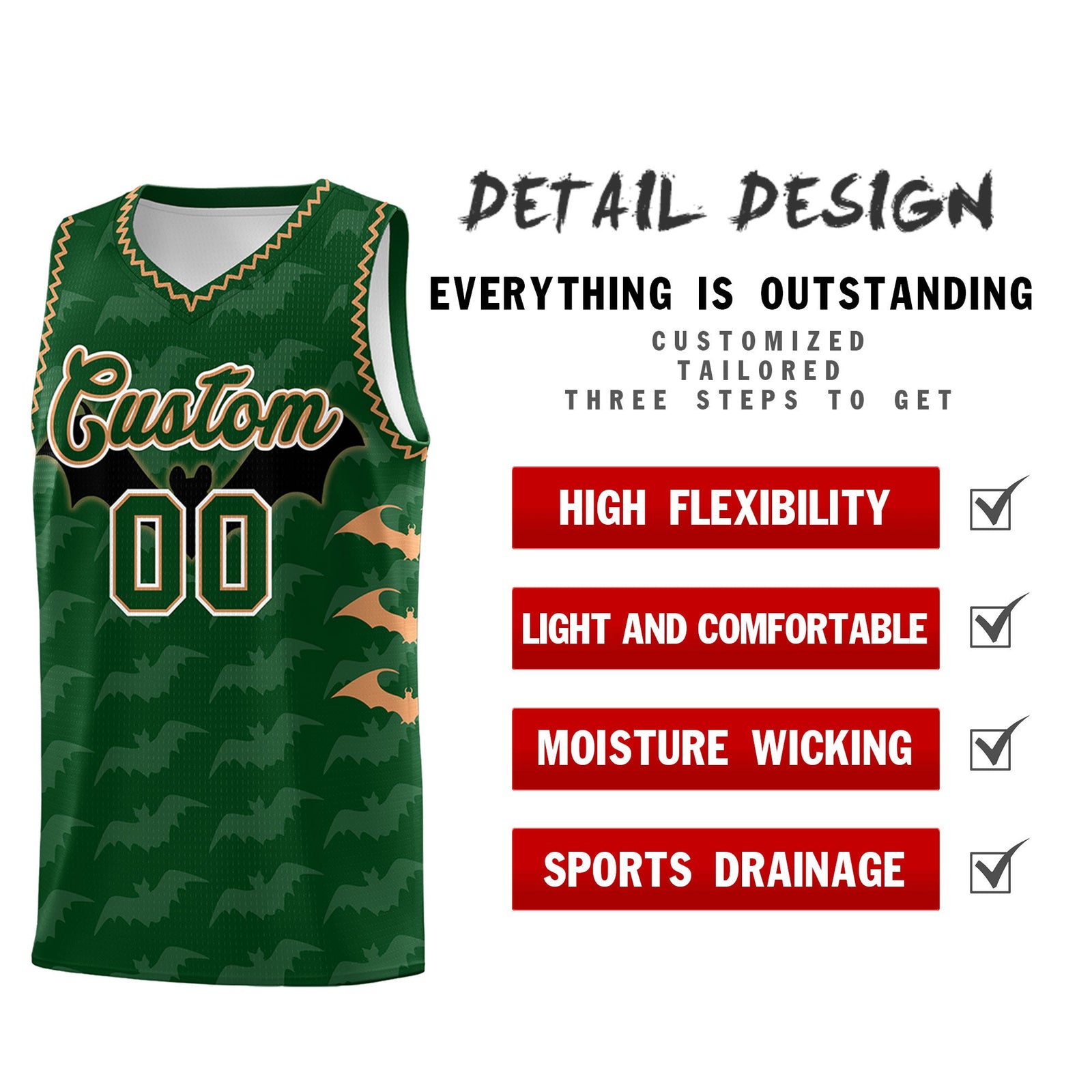 Custom Green Buckskin Brown Bat Pattern Halloween Basketball Jersey | For Men,For Kid,For Youth,Sublimation Printed,Perfect for Training,Perfect for Parties,Add Name and Numbern | KXKSHOP