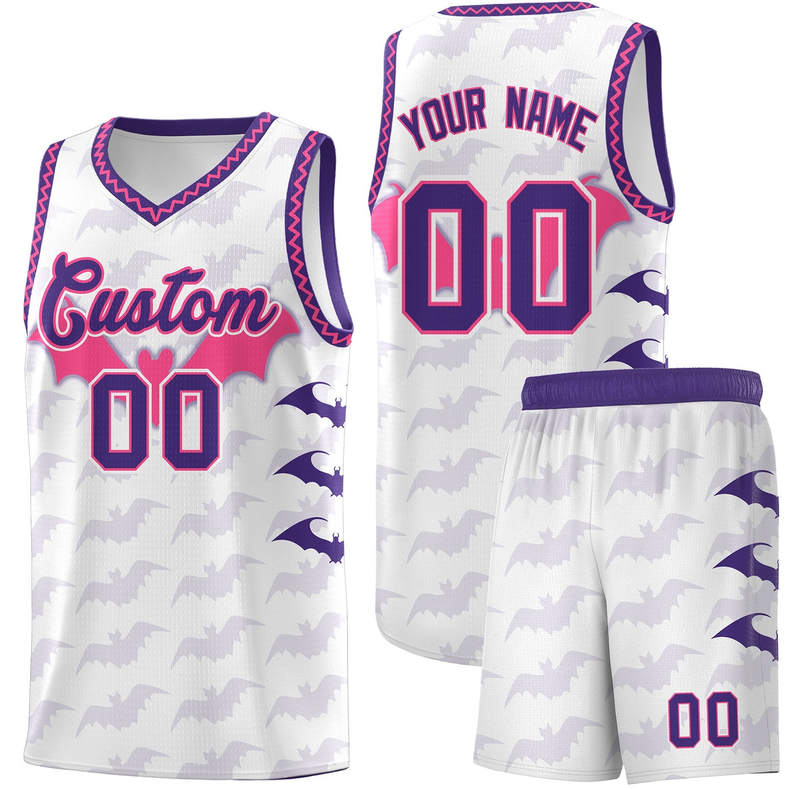Custom White Pink Purple Bat Pattern Halloween Basketball Jersey | For Men,For Kid,For Youth,Sublimation Printed,Perfect for Training,Perfect for Parties,Add Name and Numbern | KXKSHOP