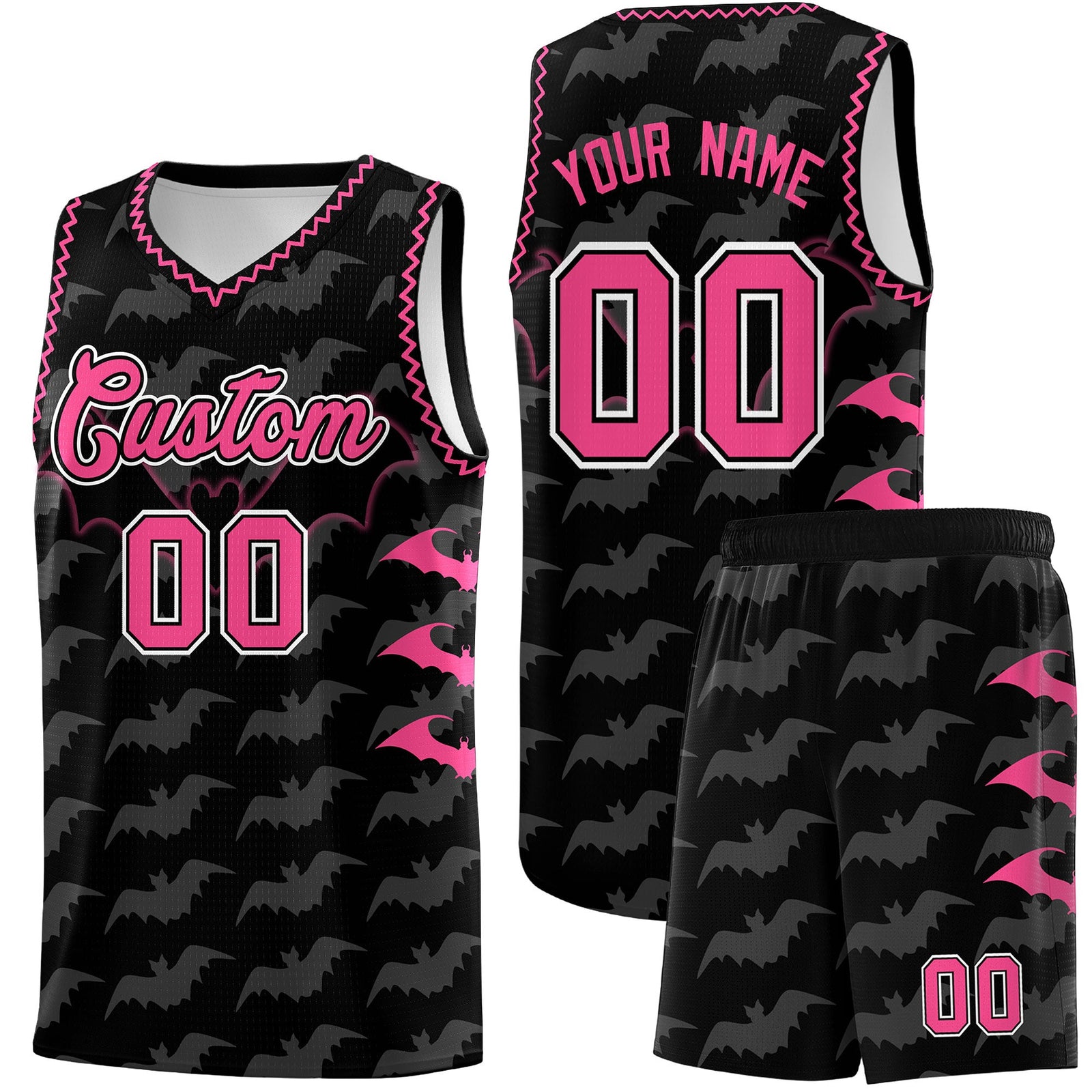 Custom Black Pink Bat Pattern Halloween Basketball Jersey | For Men,For Kid,For Youth,Sublimation Printed,Perfect for Training,Perfect for Parties,Add Name and Numbern | KXKSHOP