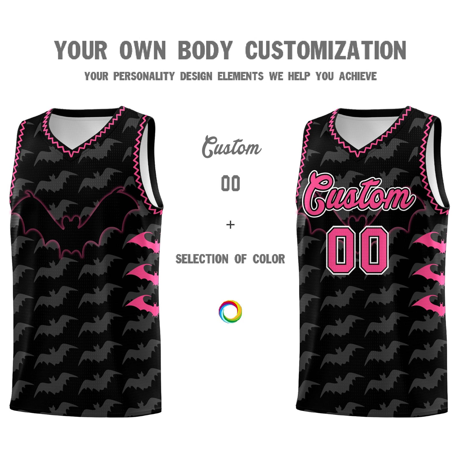 Custom Black Pink Bat Pattern Halloween Basketball Jersey | For Men,For Kid,For Youth,Sublimation Printed,Perfect for Training,Perfect for Parties,Add Name and Numbern | KXKSHOP