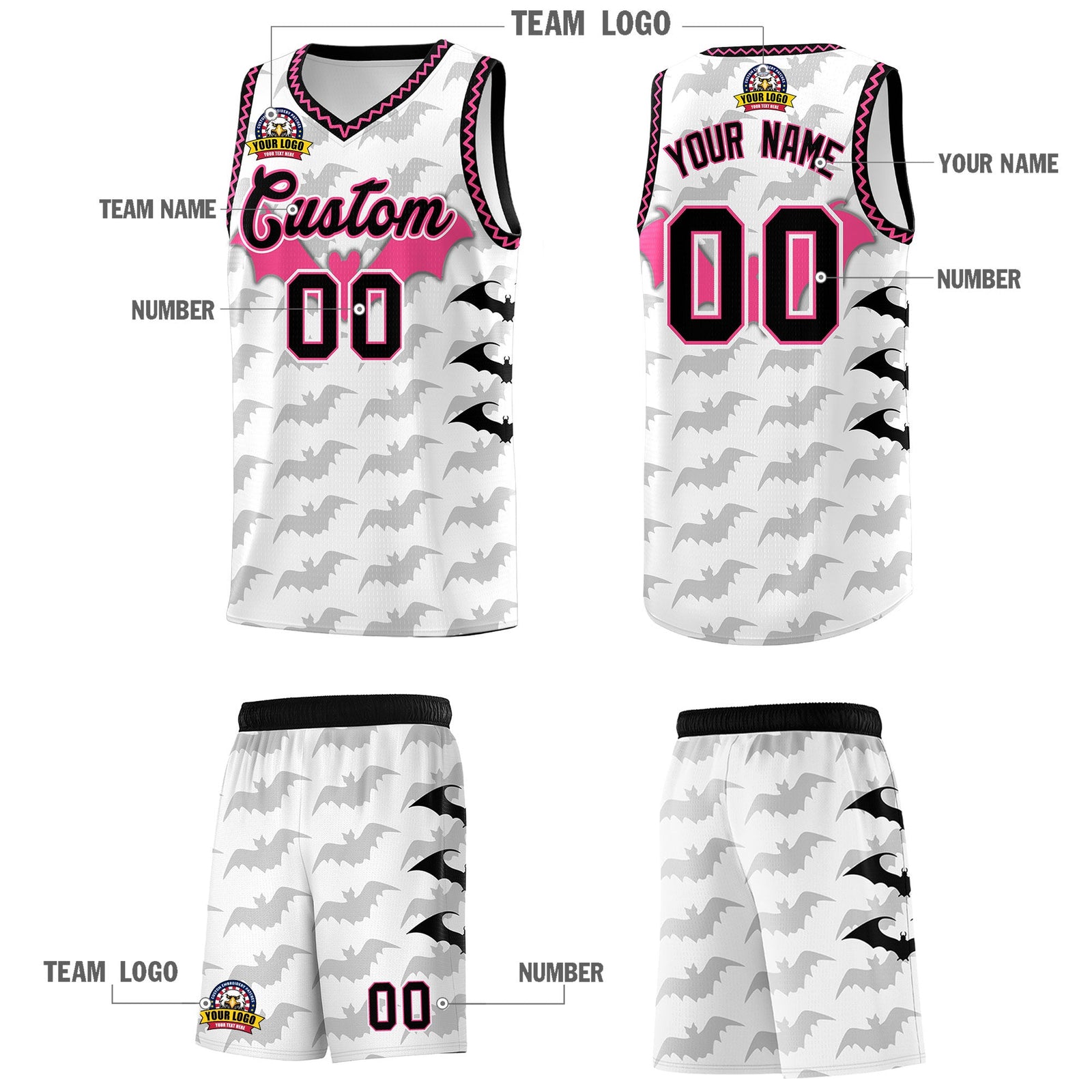 Custom White Black Pink Bat Pattern Halloween Basketball Jersey | For Men,For Kid,For Youth,Sublimation Printed,Perfect for Training,Perfect for Parties,Add Name and Numbern | KXKSHOP