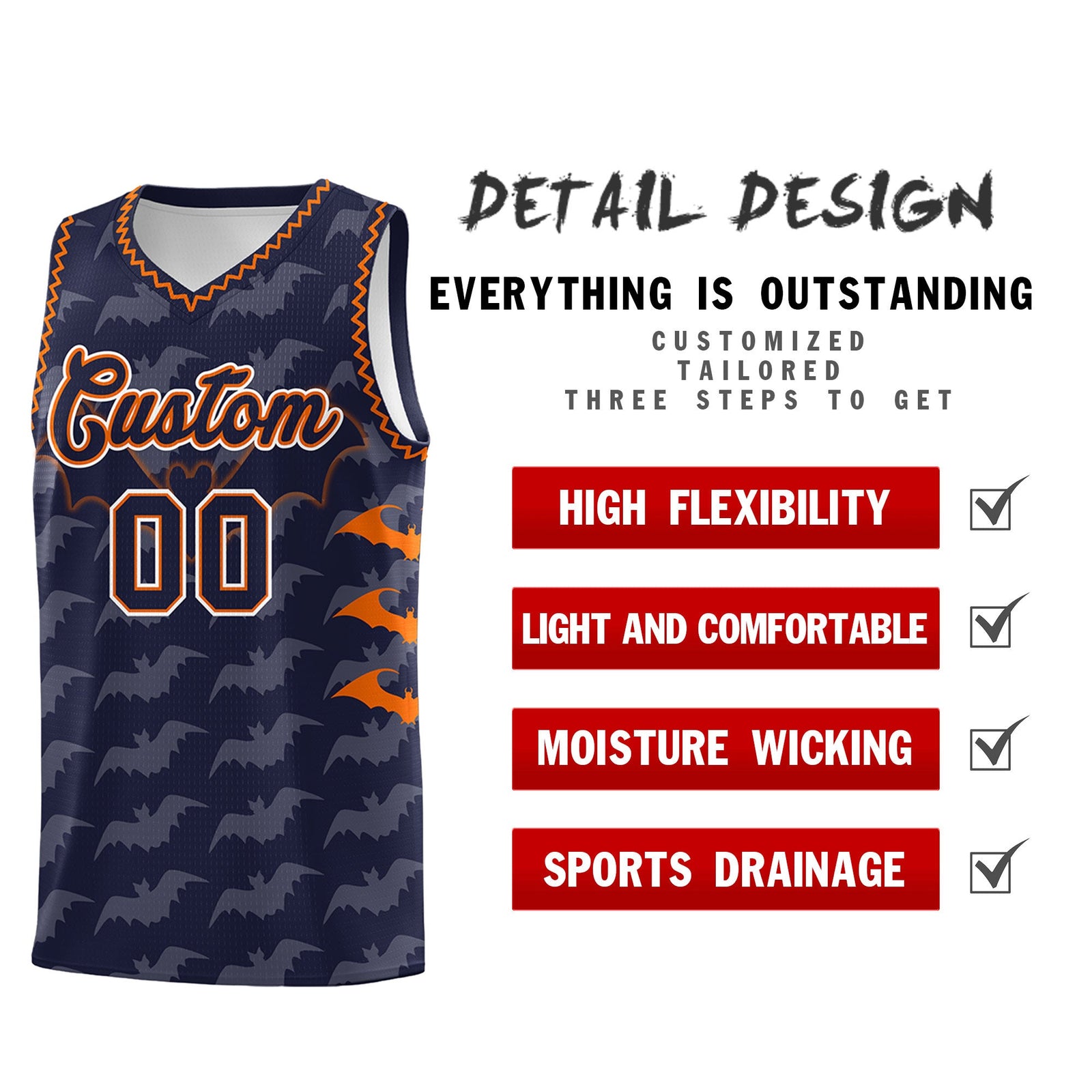 Custom Navy Orange Bat Pattern Halloween Basketball Jersey | For Men,For Kid,For Youth,Sublimation Printed,Perfect for Training,Perfect for Parties,Add Name and Numbern | KXKSHOP