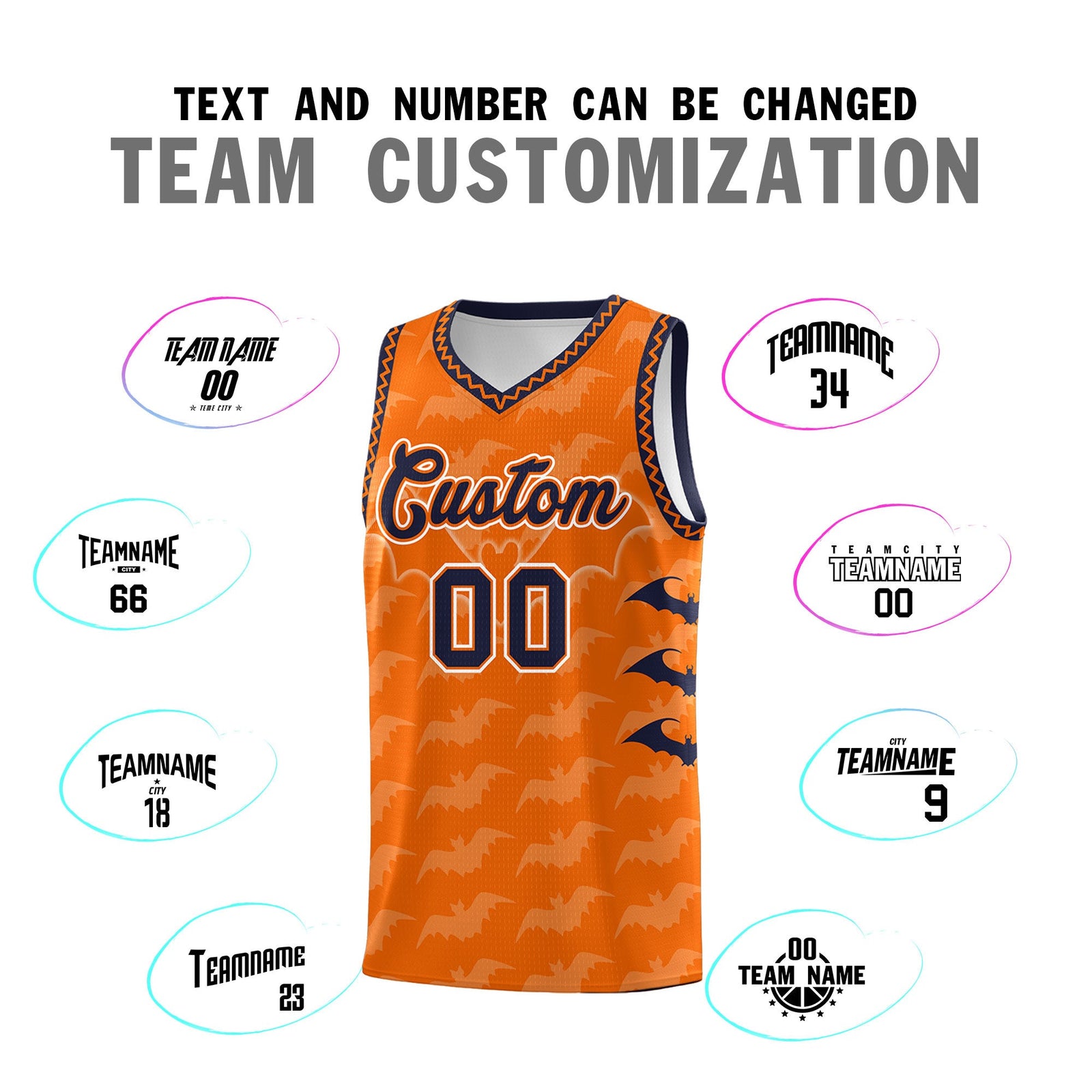 Custom Orange Navy White Bat Pattern Halloween Basketball Jersey | For Men,For Kid,For Youth,Sublimation Printed,Perfect for Training,Perfect for Parties,Add Name and Numbern | KXKSHOP