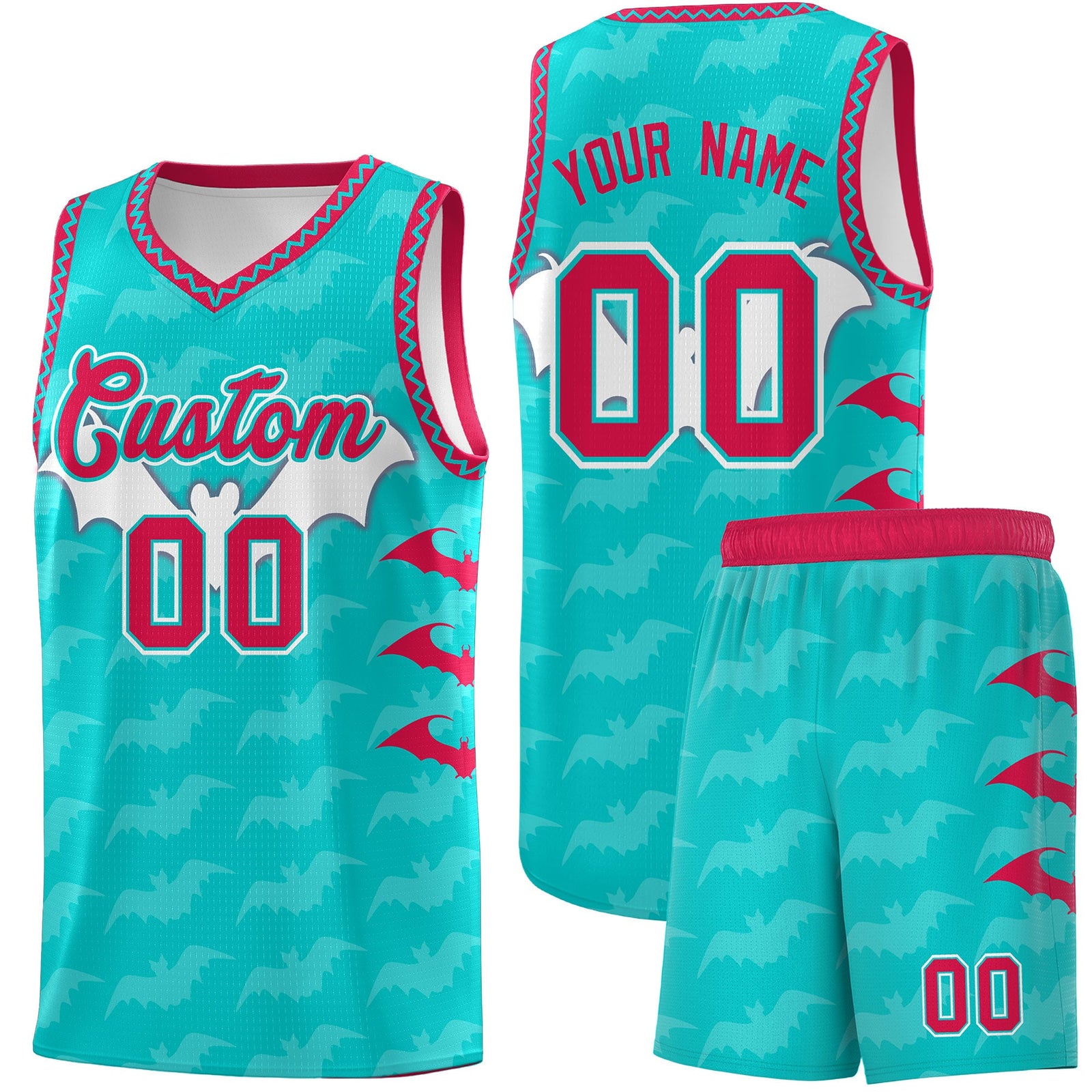 Custom Aqua White Red Bat Pattern Halloween Basketball Jersey | For Men,For Kid,For Youth,Sublimation Printed,Perfect for Training,Perfect for Parties,Add Name and Numbern | KXKSHOP