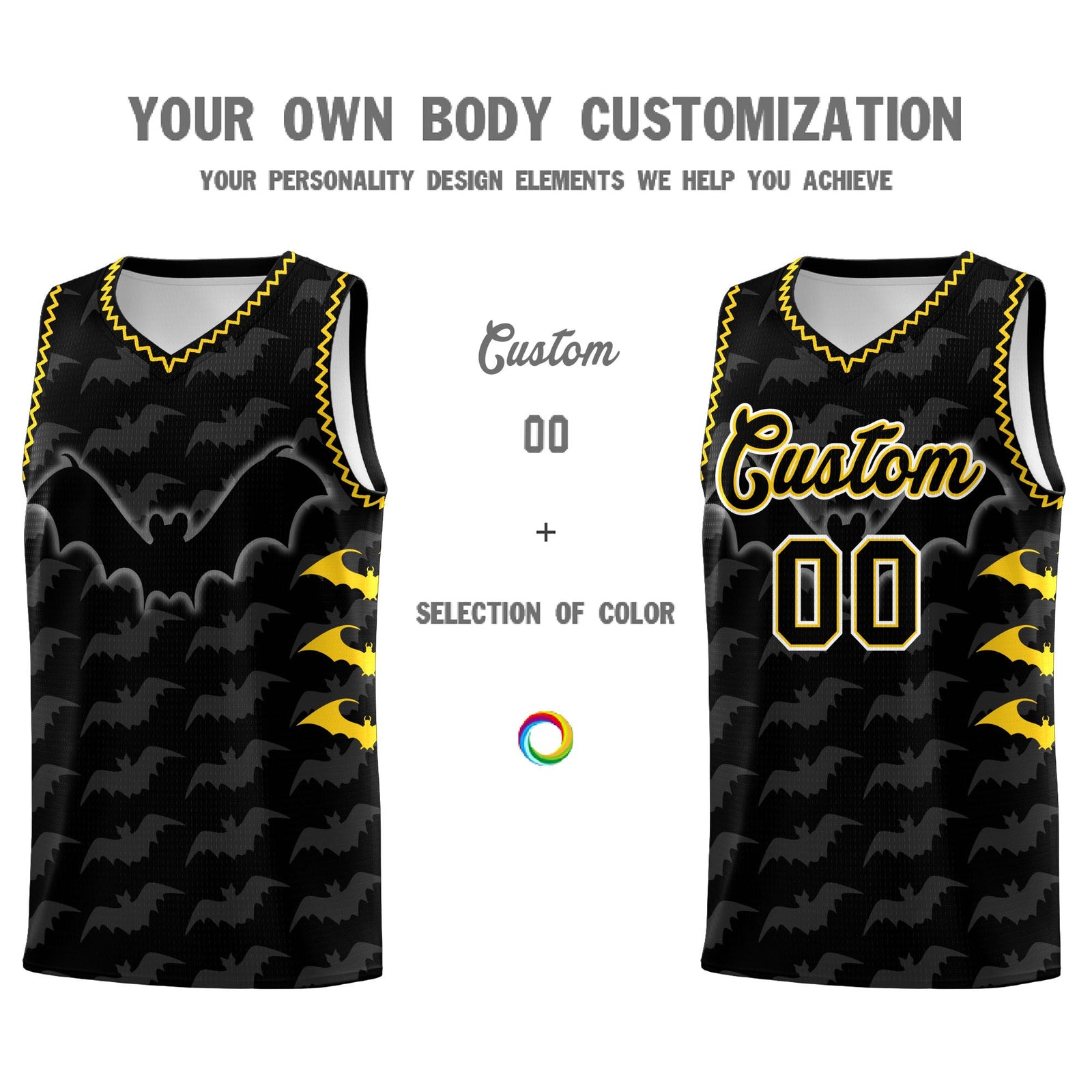 Custom Black Gold Bat Pattern Halloween Basketball Jersey | For Men,For Kid,For Youth,Sublimation Printed,Perfect for Training,Perfect for Parties,Add Name and Numbern | KXKSHOP