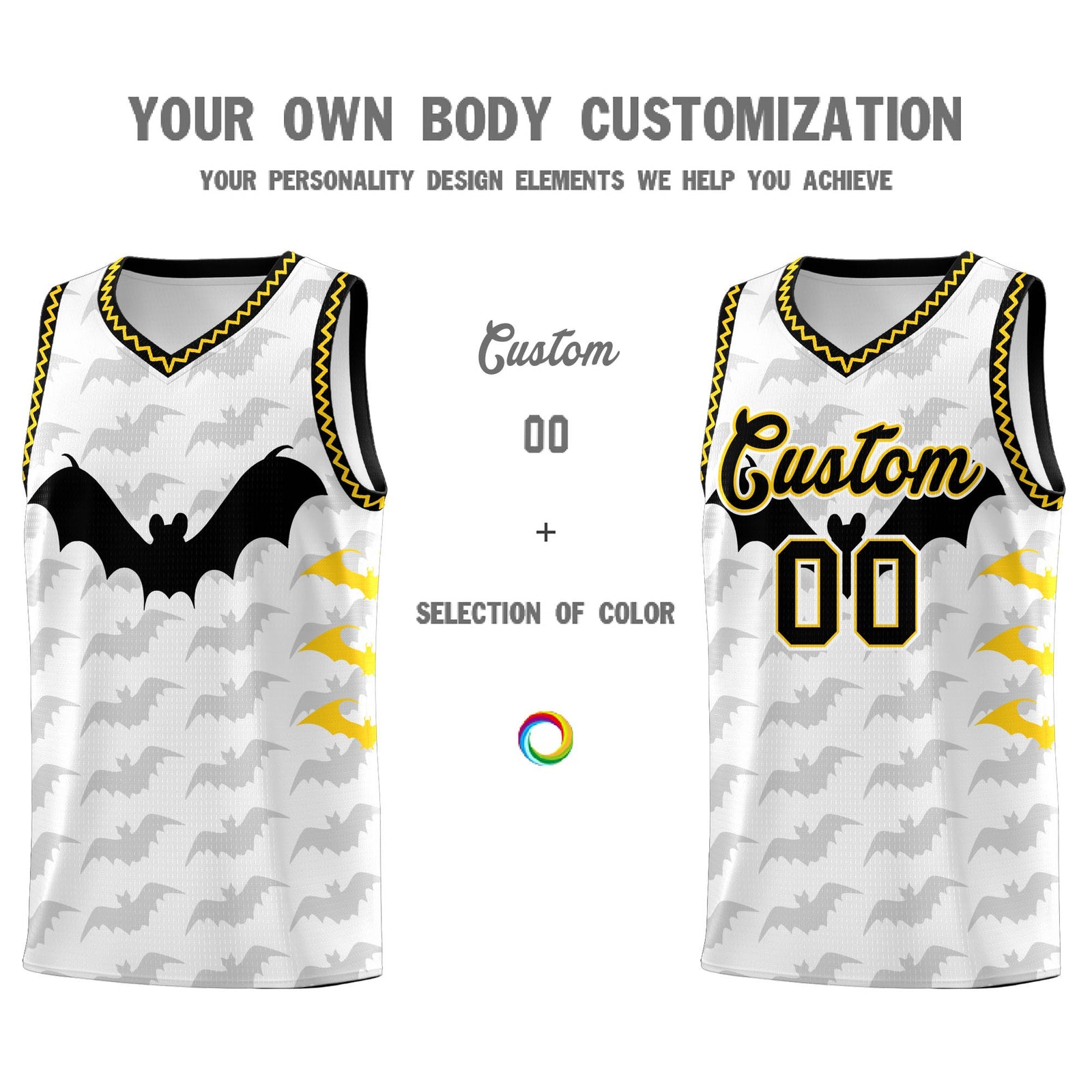 Custom White Gold Black Bat Pattern Halloween Basketball Jersey | For Men,For Kid,For Youth,Sublimation Printed,Perfect for Training,Perfect for Parties,Add Name and Numbern | KXKSHOP