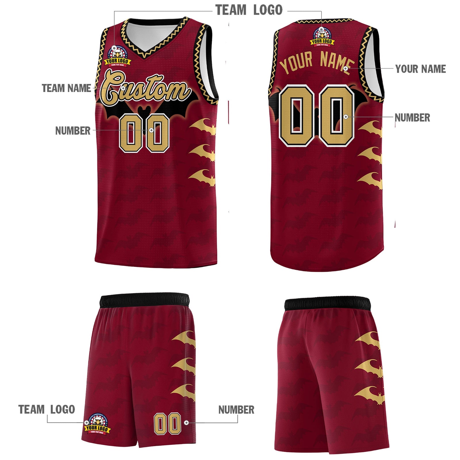 Custom Crimson Old Gold Bat Pattern Halloween Basketball Jersey | For Men,For Kid,For Youth,Sublimation Printed,Perfect for Training,Perfect for Parties,Add Name and Numbern | KXKSHOP