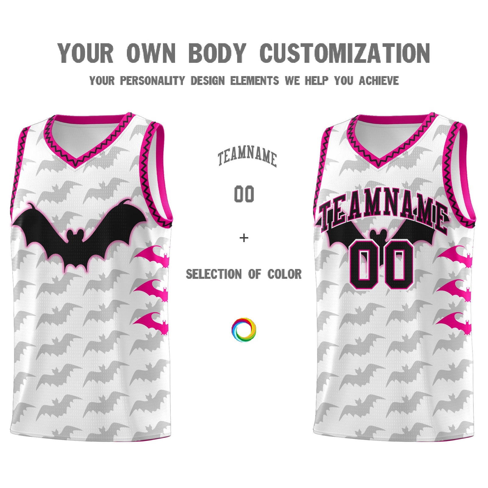 Custom White Pink Black Bat Pattern Halloween Basketball Jersey | For Men,For Kid,For Youth,Sublimation Printed,Perfect for Training,Perfect for Parties,Add Name and Numbern | KXKSHOP