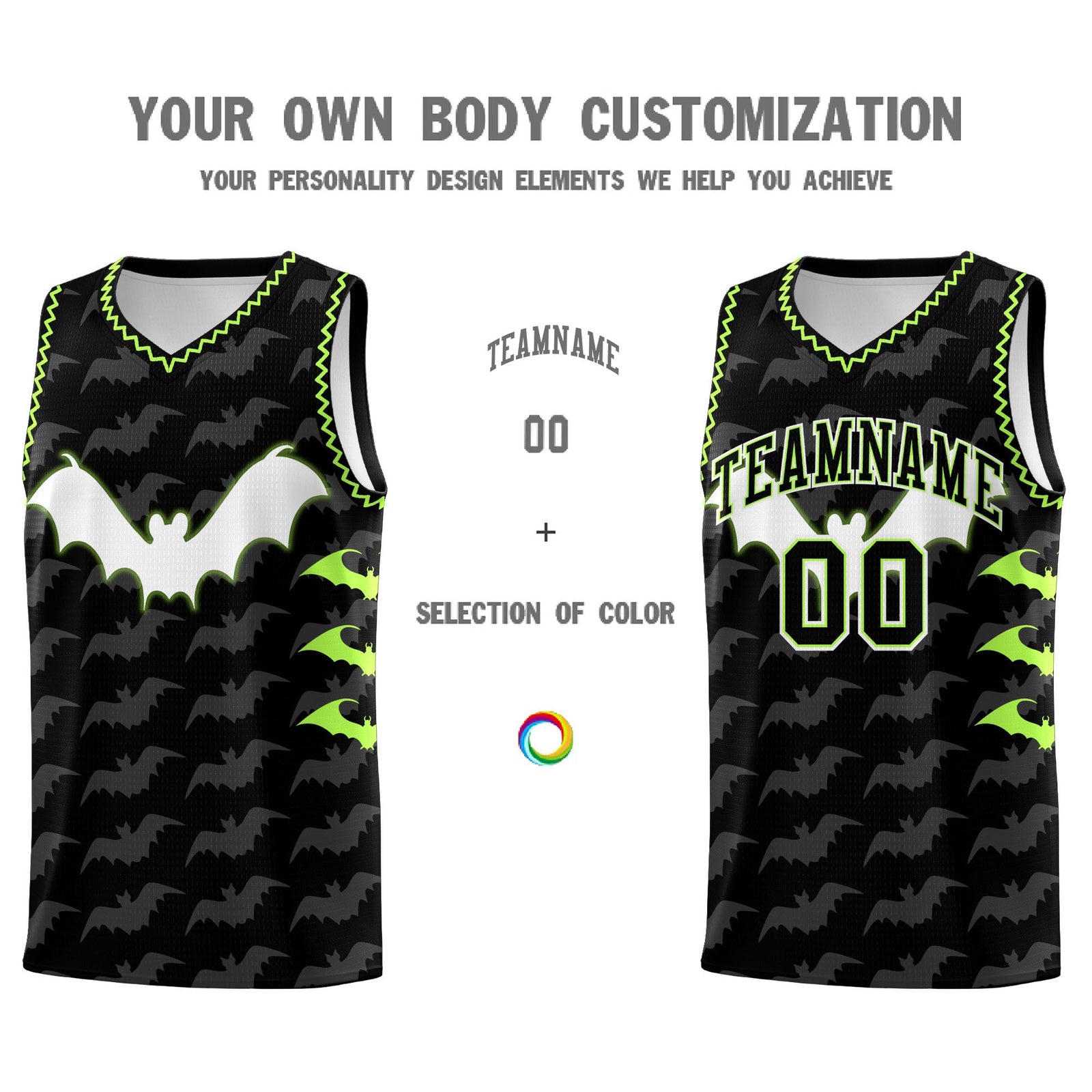 Custom Black Fluorescent Green Bat Pattern Halloween Basketball Jersey | For Men,For Kid,For Youth,Sublimation Printed,Perfect for Training,Perfect for Parties,Add Name and Numbern | KXKSHOP