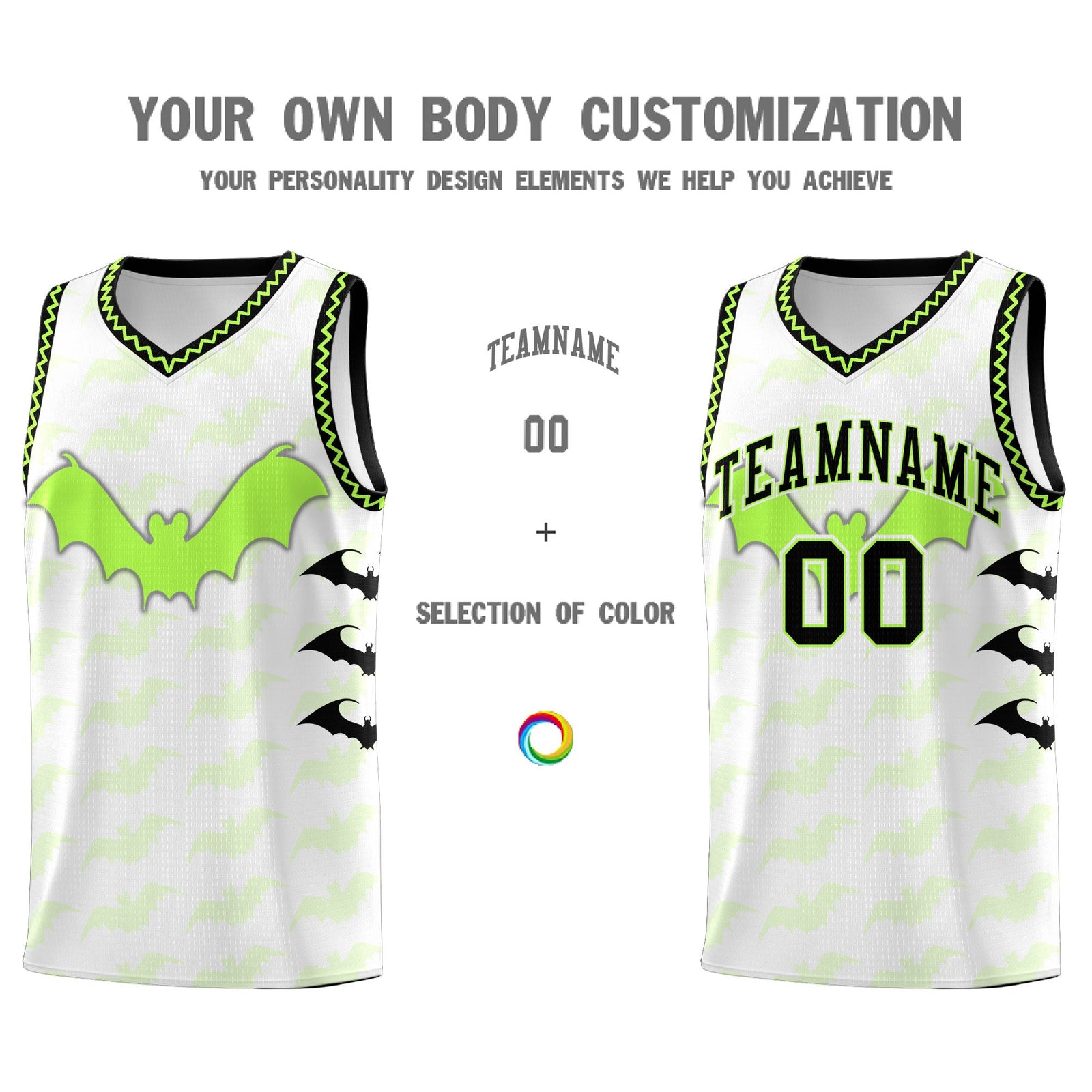 Custom White Fluorescent Green Black Bat Pattern Halloween Basketball Jersey | For Men,For Kid,For Youth,Sublimation Printed,Perfect for Training,Perfect for Parties,Add Name and Numbern | KXKSHOP