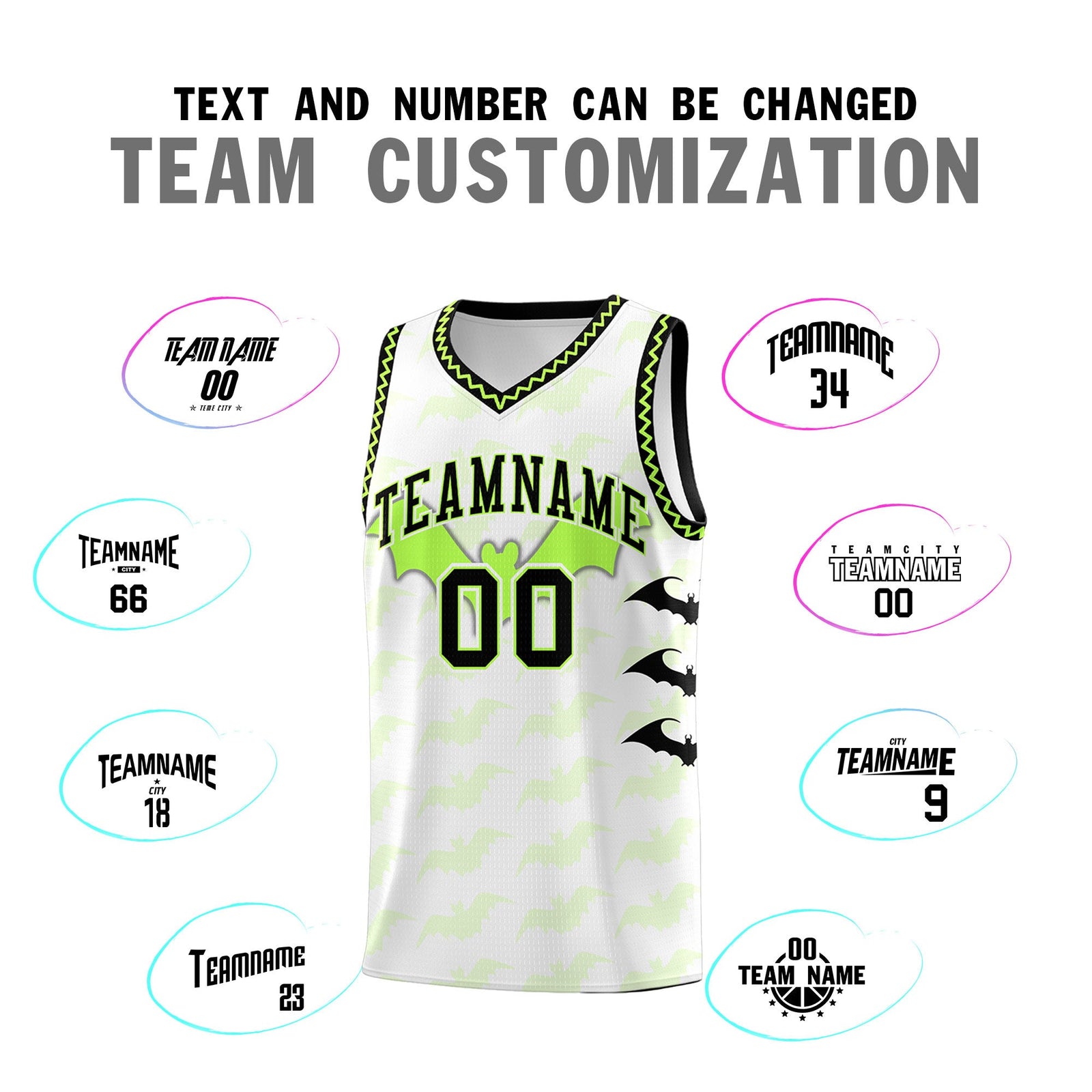 Custom White Fluorescent Green Black Bat Pattern Halloween Basketball Jersey | For Men,For Kid,For Youth,Sublimation Printed,Perfect for Training,Perfect for Parties,Add Name and Numbern | KXKSHOP