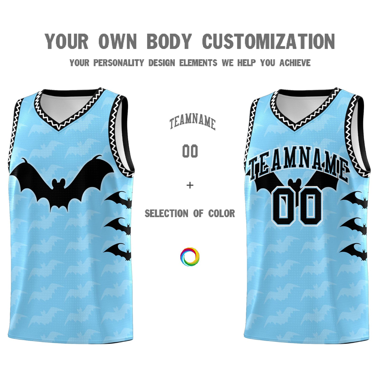 Custom Light Blue White Black Bat Pattern Halloween Basketball Jersey | For Men,For Kid,For Youth,Sublimation Printed,Perfect for Training,Perfect for Parties,Add Name and Numbern | KXKSHOP