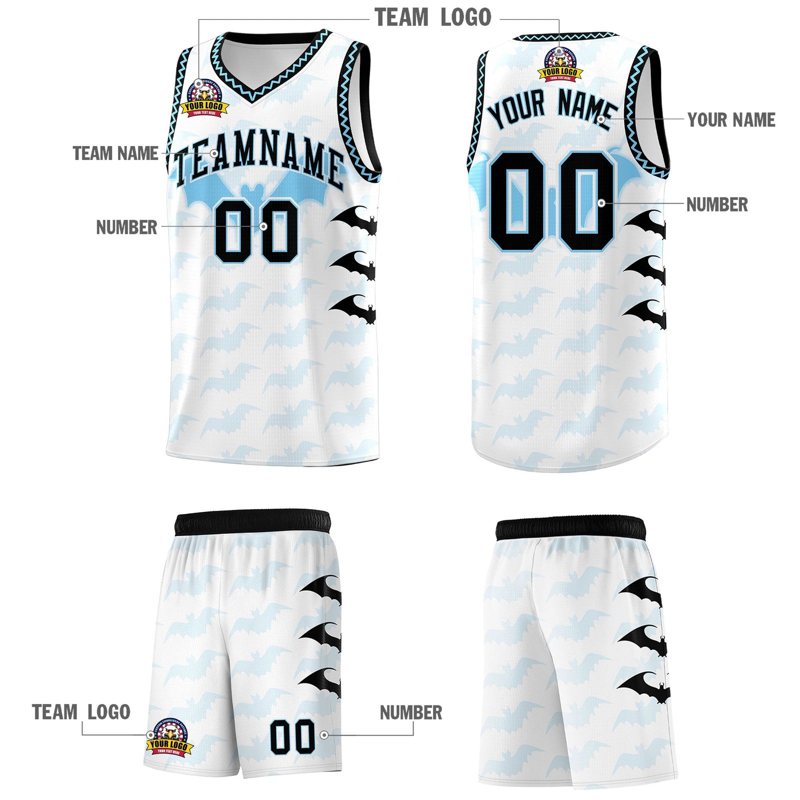 Custom White Light Blue Bat Pattern Halloween Basketball Jersey | For Men,For Kid,For Youth,Sublimation Printed,Perfect for Training,Perfect for Parties,Add Name and Numbern | KXKSHOP