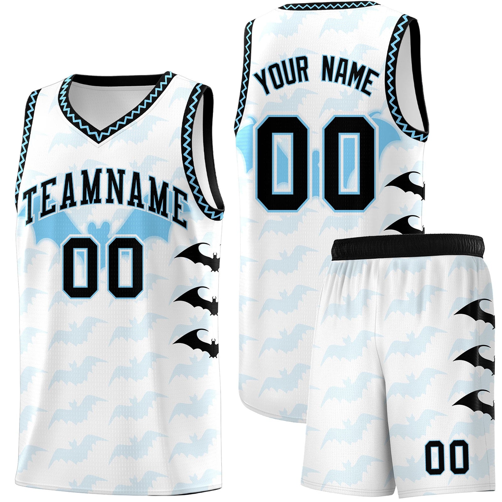 Custom White Light Blue Bat Pattern Halloween Basketball Jersey | For Men,For Kid,For Youth,Sublimation Printed,Perfect for Training,Perfect for Parties,Add Name and Numbern | KXKSHOP