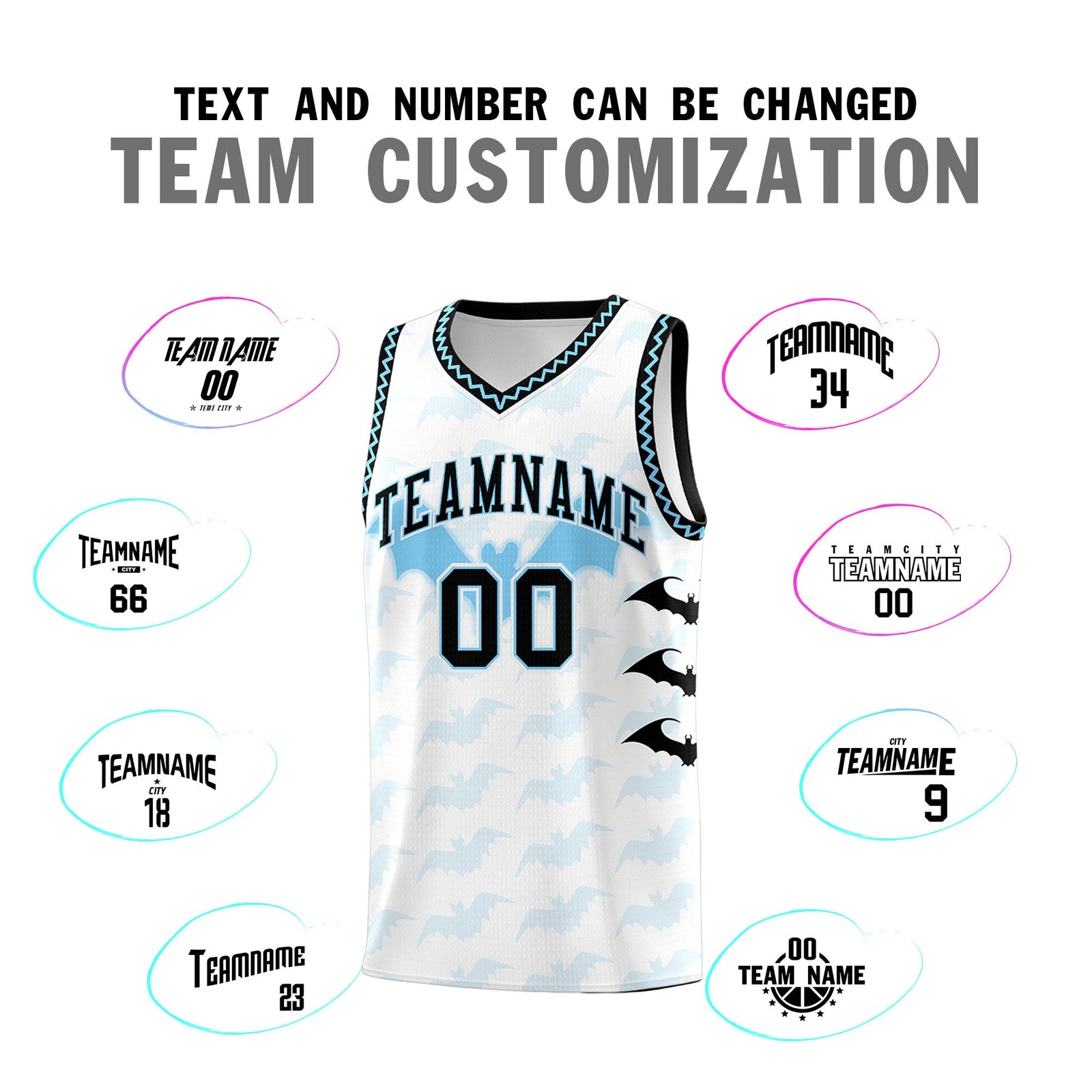 Custom White Light Blue Bat Pattern Halloween Basketball Jersey | For Men,For Kid,For Youth,Sublimation Printed,Perfect for Training,Perfect for Parties,Add Name and Numbern | KXKSHOP