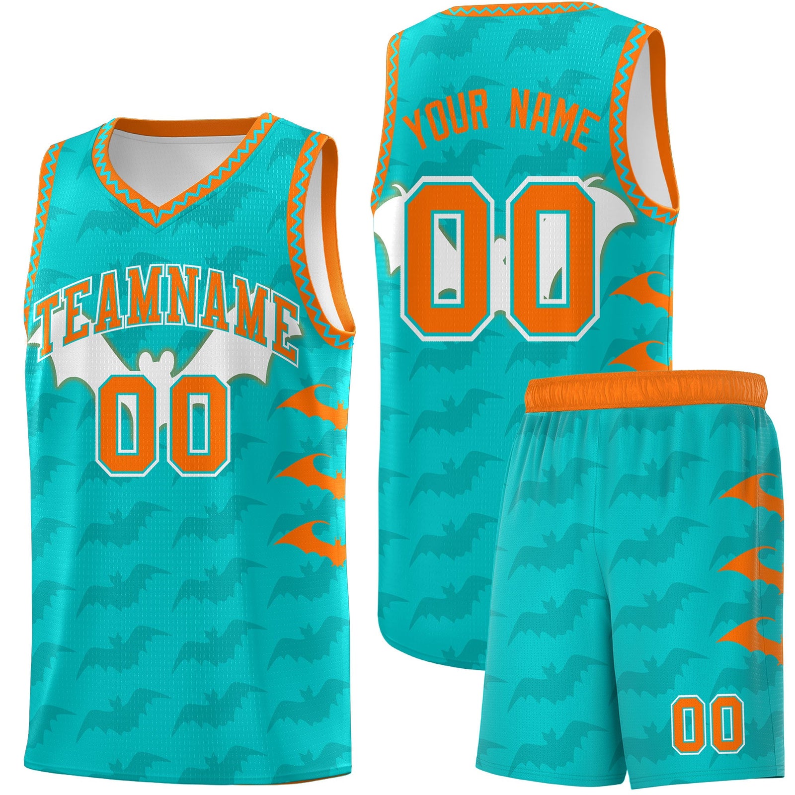 Custom Aqua Orange Bat Pattern Halloween Basketball Jersey | For Men,For Kid,For Youth,Sublimation Printed,Perfect for Training,Perfect for Parties,Add Name and Numbern | KXKSHOP
