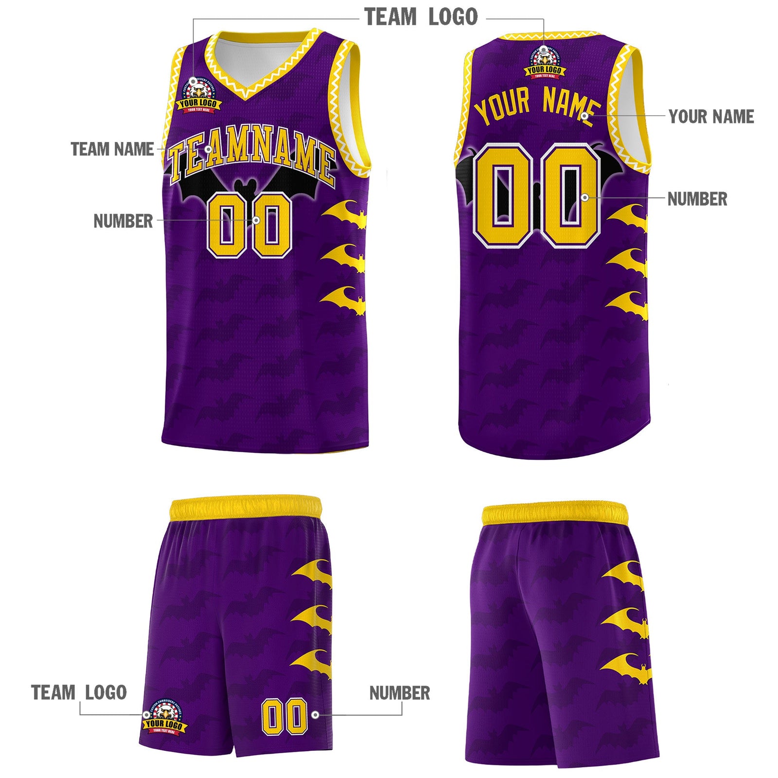 Custom Purple Gold White Bat Pattern Halloween Basketball Jersey | For Men,For Kid,For Youth,Sublimation Printed,Perfect for Training,Perfect for Parties,Add Name and Numbern | KXKSHOP