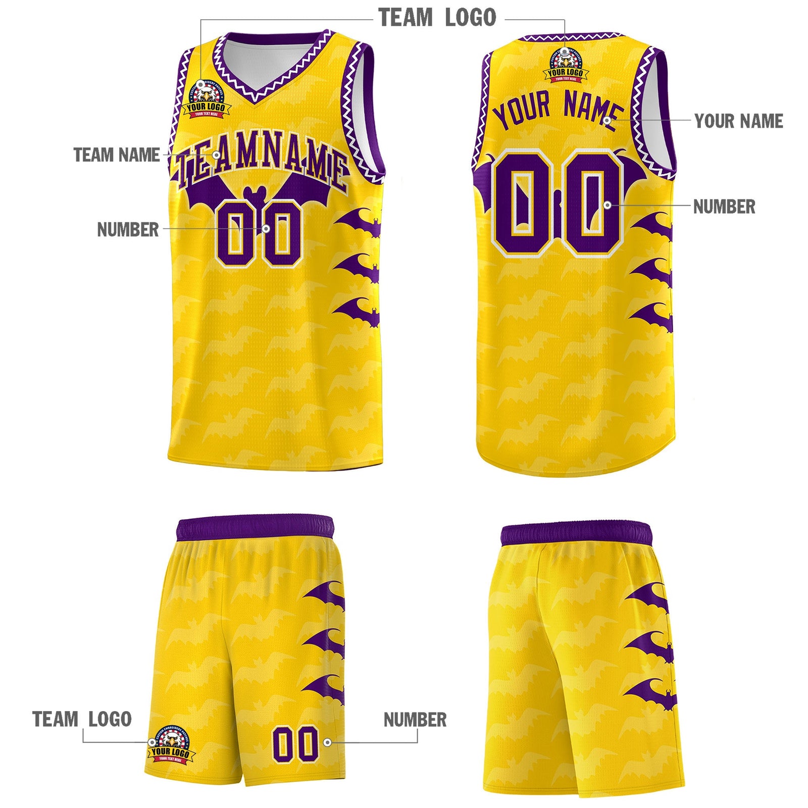 Custom Gold White Purple Bat Pattern Halloween Basketball Jersey | For Men,For Kid,For Youth,Sublimation Printed,Perfect for Training,Perfect for Parties,Add Name and Numbern | KXKSHOP
