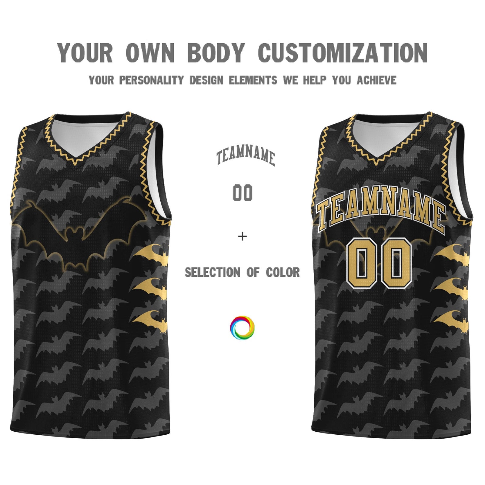 Custom Black Old Gold White Bat Pattern Halloween Basketball Jersey | For Men,For Kid,For Youth,Sublimation Printed,Perfect for Training,Perfect for Parties,Add Name and Numbern | KXKSHOP