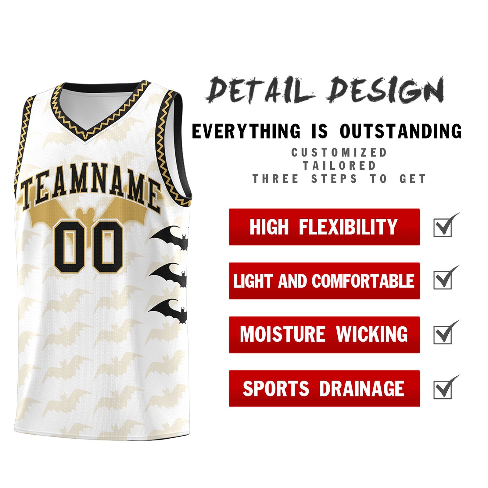 Custom White Old Gold Bat Pattern Halloween Basketball Jersey | For Men,For Kid,For Youth,Sublimation Printed,Perfect for Training,Perfect for Parties,Add Name and Numbern | KXKSHOP