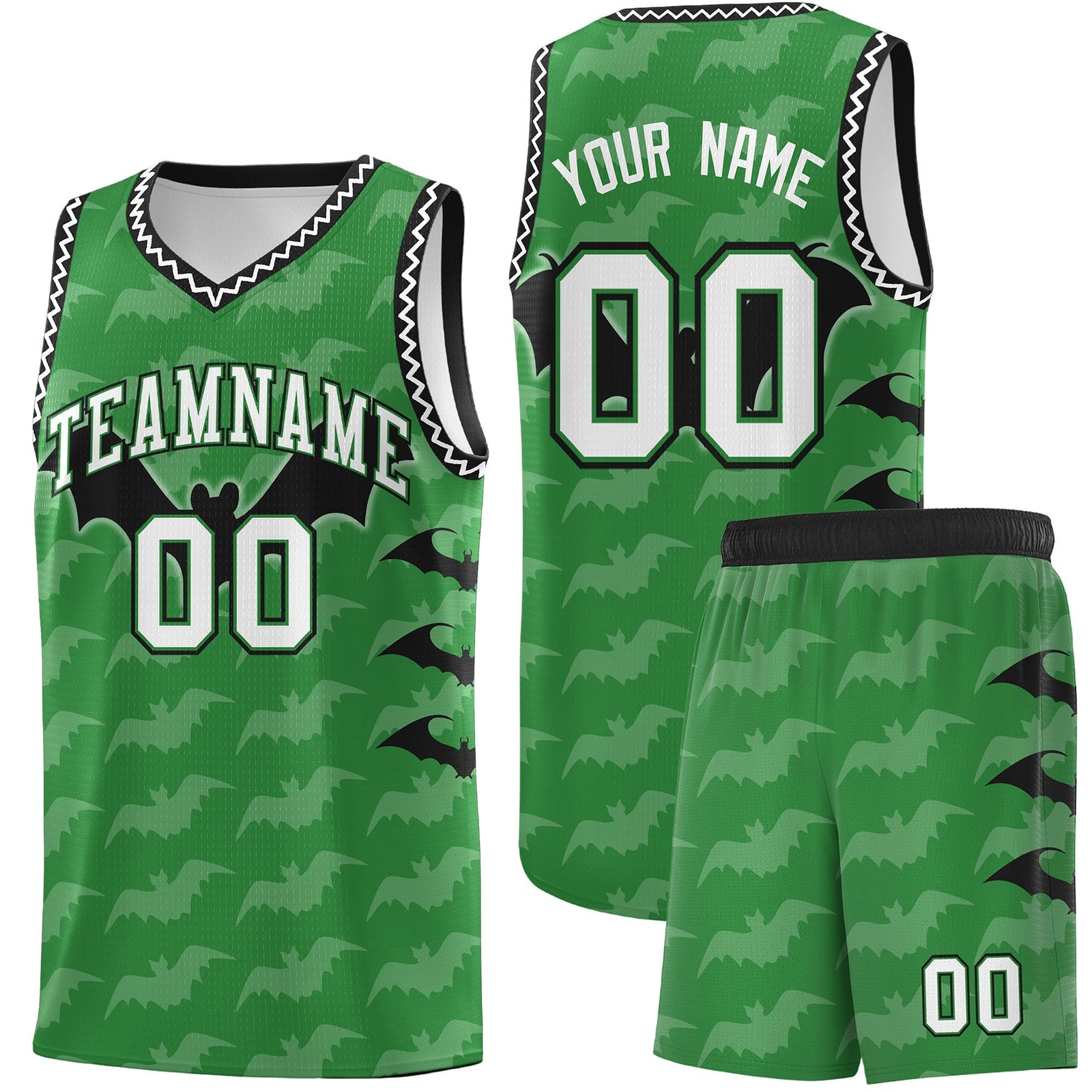 Custom Kelly Green White Black Bat Pattern Halloween Basketball Jersey | For Men,For Kid,For Youth,Sublimation Printed,Perfect for Training,Perfect for Parties,Add Name and Numbern | KXKSHOP