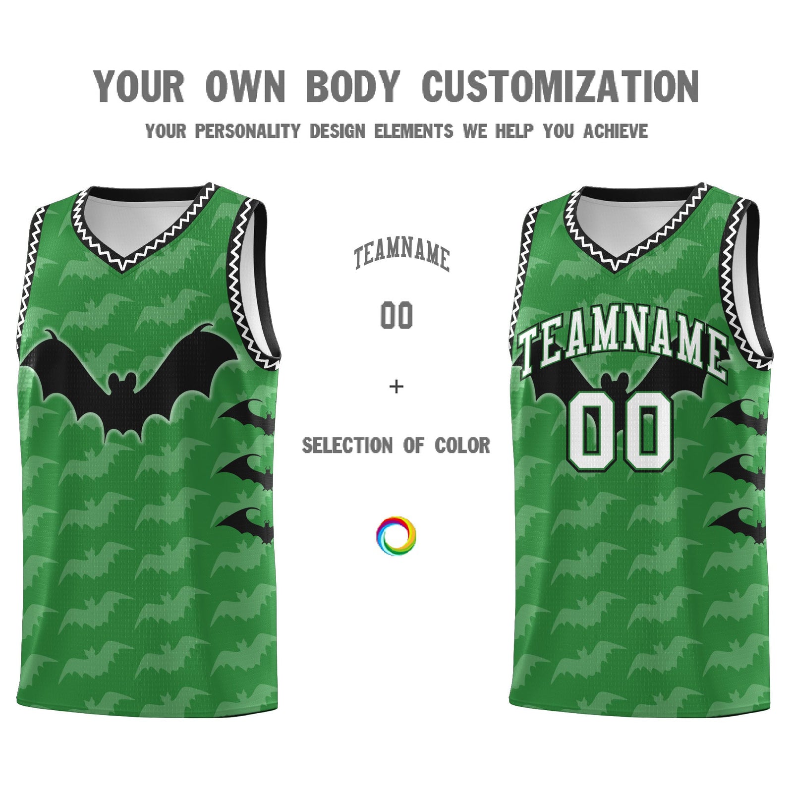 Custom Kelly Green White Black Bat Pattern Halloween Basketball Jersey | For Men,For Kid,For Youth,Sublimation Printed,Perfect for Training,Perfect for Parties,Add Name and Numbern | KXKSHOP
