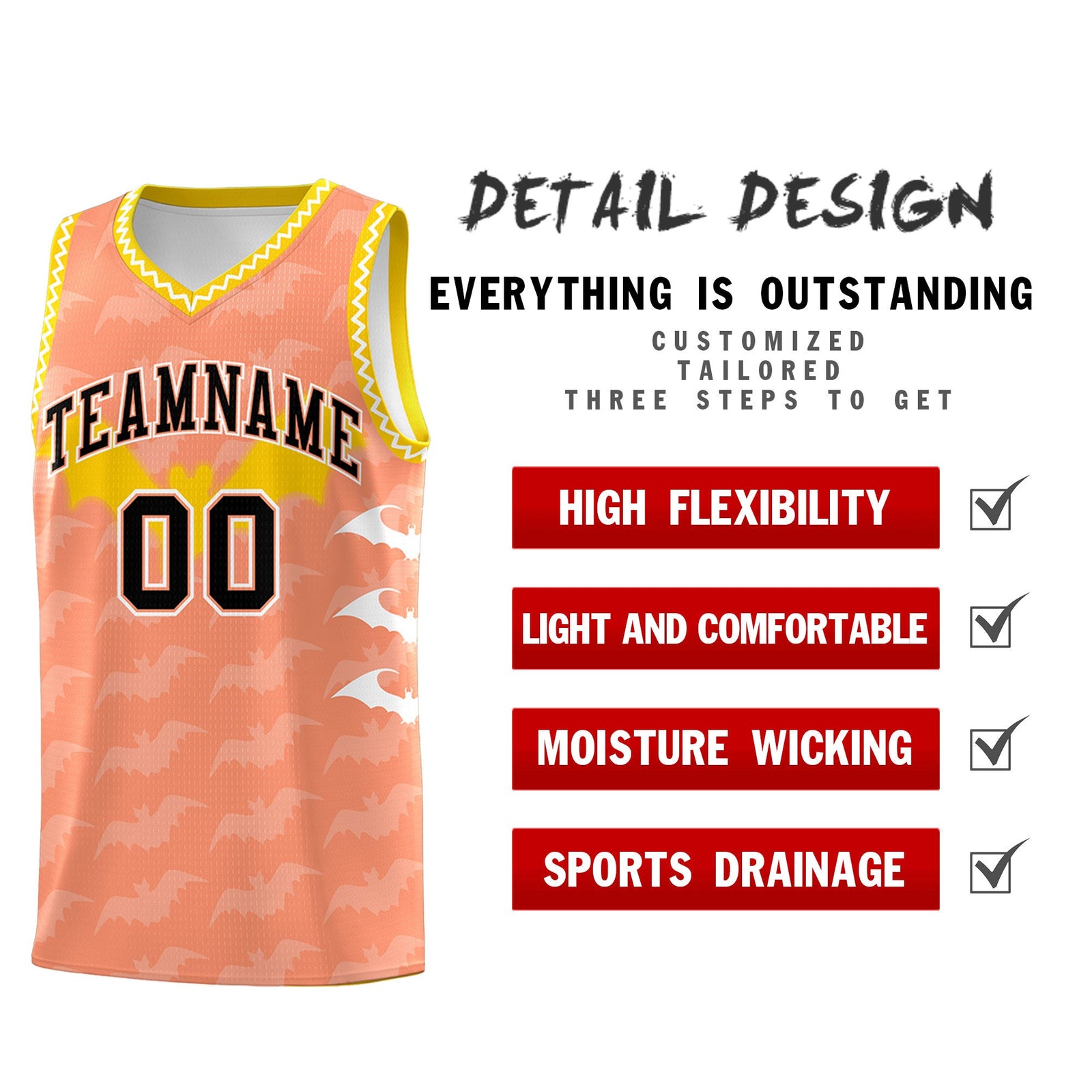 Custom Light Orange White Bat Pattern Halloween Basketball Jersey | For Men,For Kid,For Youth,Sublimation Printed,Perfect for Training,Perfect for Parties,Add Name and Numbern | KXKSHOP