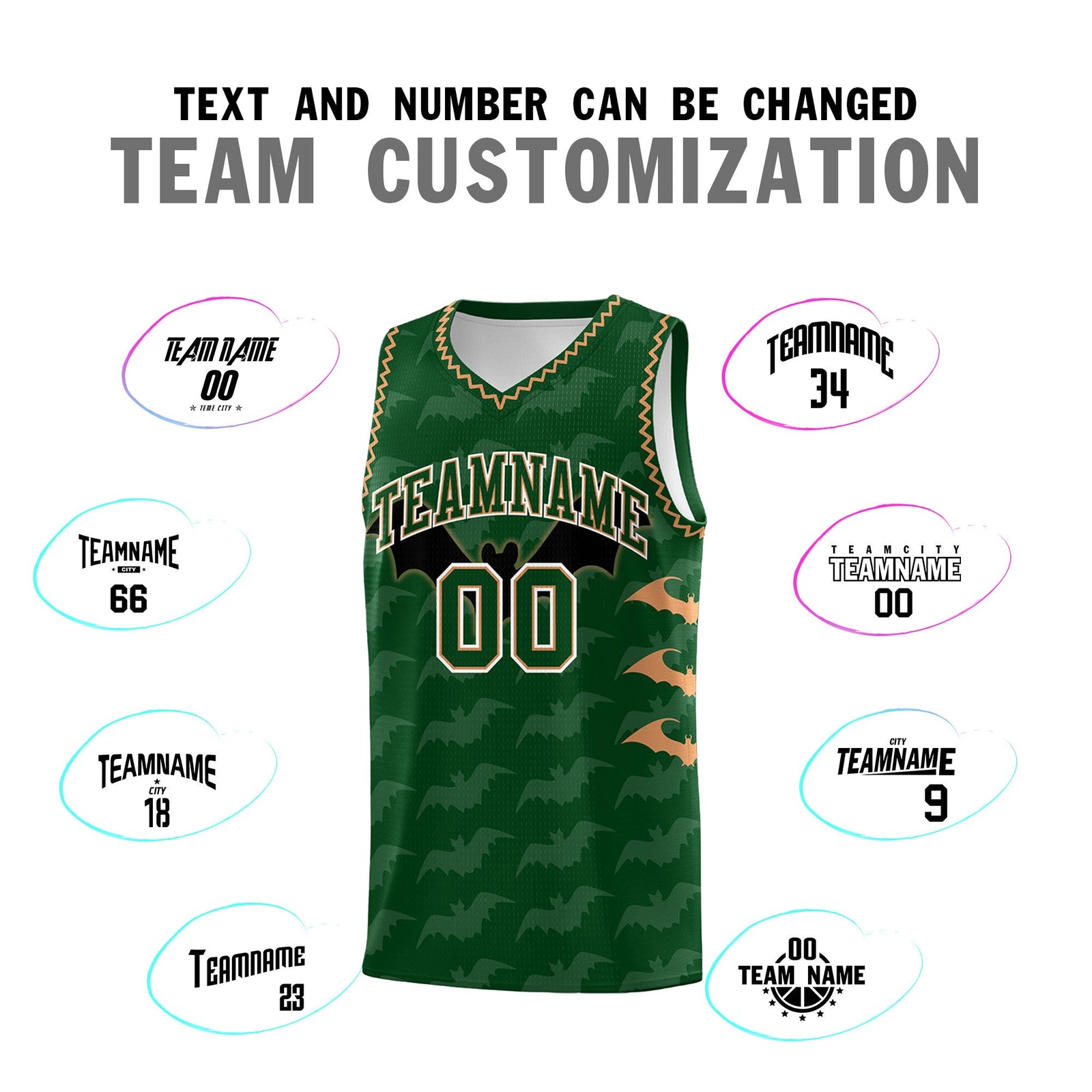 Custom Green Buckskin Brown Bat Pattern Halloween Basketball Jersey | For Men,For Kid,For Youth,Sublimation Printed,Perfect for Training,Perfect for Parties,Add Name and Numbern | KXKSHOP