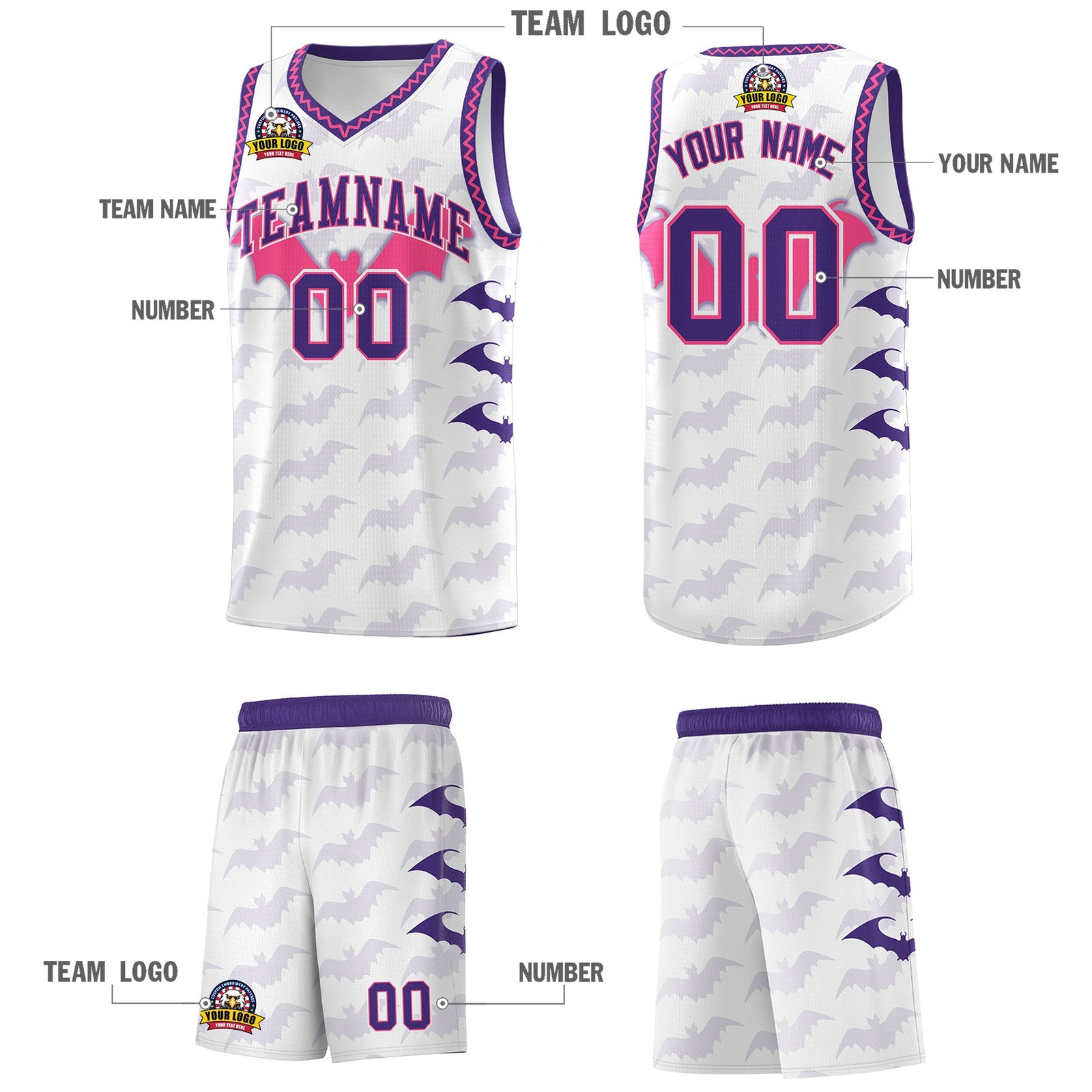 Custom White Pink Purple Bat Pattern Halloween Basketball Jersey | For Men,For Kid,For Youth,Sublimation Printed,Perfect for Training,Perfect for Parties,Add Name and Numbern | KXKSHOP