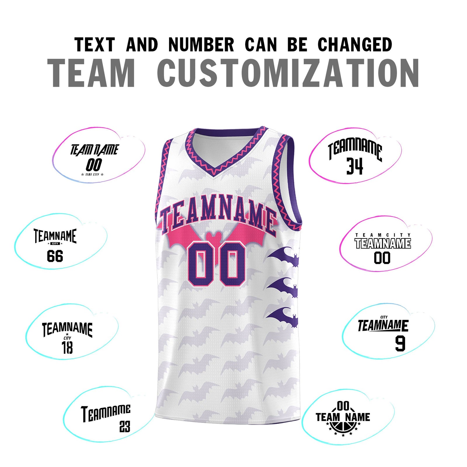 Custom White Pink Purple Bat Pattern Halloween Basketball Jersey | For Men,For Kid,For Youth,Sublimation Printed,Perfect for Training,Perfect for Parties,Add Name and Numbern | KXKSHOP