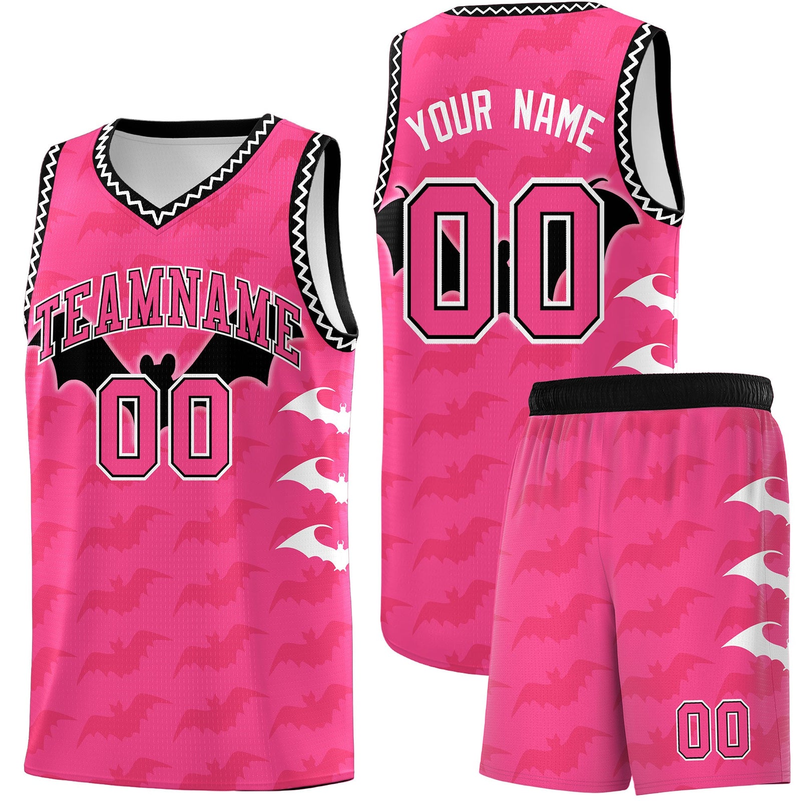 Custom Pink Black White Bat Pattern Halloween Basketball Jersey | For Men,For Kid,For Youth,Sublimation Printed,Perfect for Training,Perfect for Parties,Add Name and Numbern | KXKSHOP