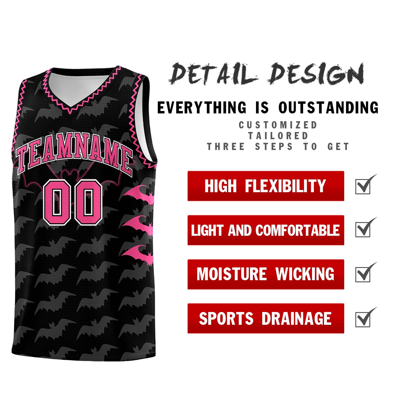 Custom Black Pink Bat Pattern Halloween Basketball Jersey | For Men,For Kid,For Youth,Sublimation Printed,Perfect for Training,Perfect for Parties,Add Name and Numbern | KXKSHOP