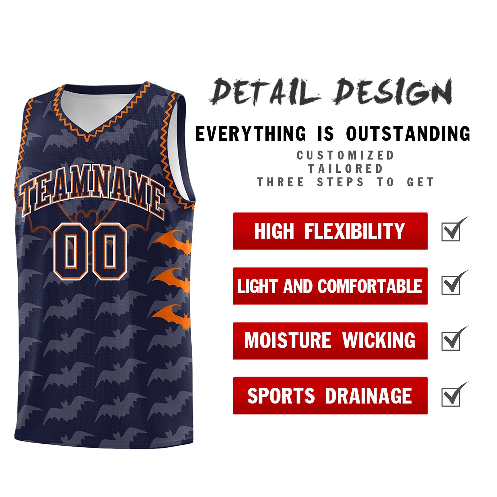 Custom Navy Orange Bat Pattern Halloween Basketball Jersey | For Men,For Kid,For Youth,Sublimation Printed,Perfect for Training,Perfect for Parties,Add Name and Numbern | KXKSHOP