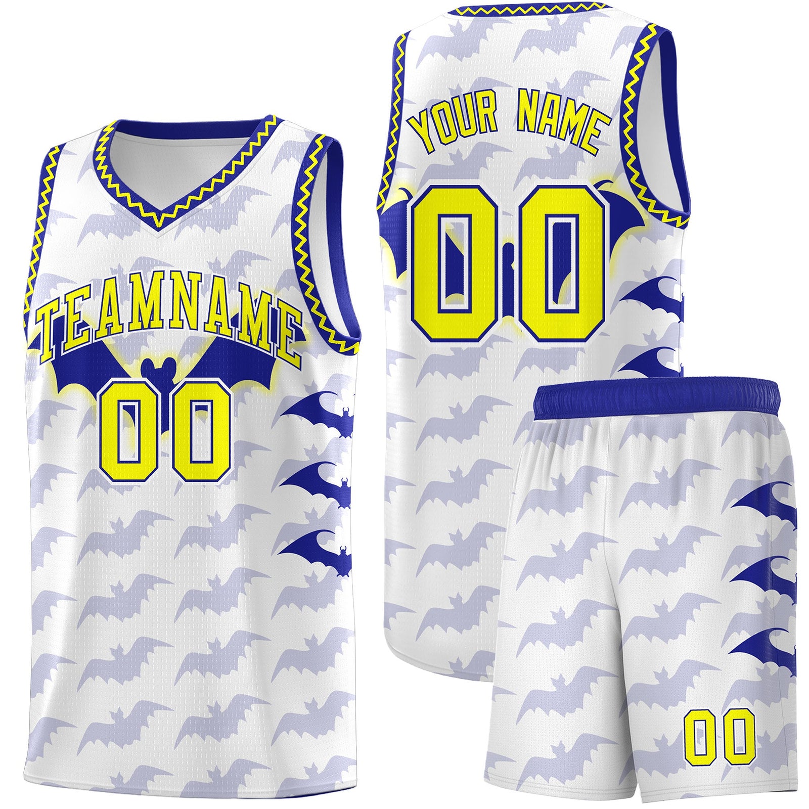 Custom White Fluorescent Yellow Bat Pattern Halloween Basketball Jersey | For Men,For Kid,For Youth,Sublimation Printed,Perfect for Training,Perfect for Parties,Add Name and Numbern | KXKSHOP