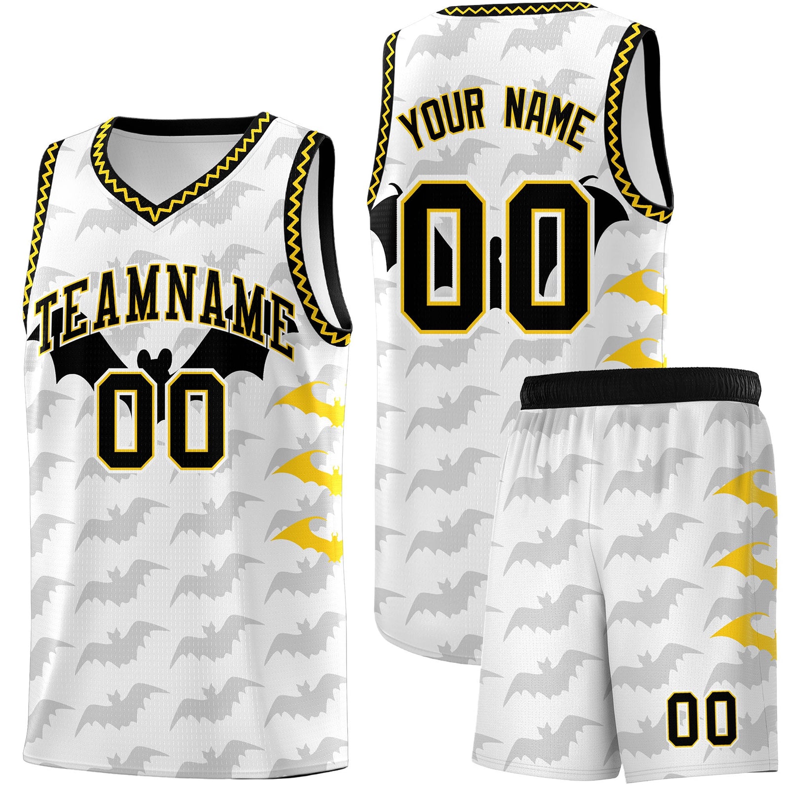 Custom White Gold Black Bat Pattern Halloween Basketball Jersey | For Men,For Kid,For Youth,Sublimation Printed,Perfect for Training,Perfect for Parties,Add Name and Numbern | KXKSHOP