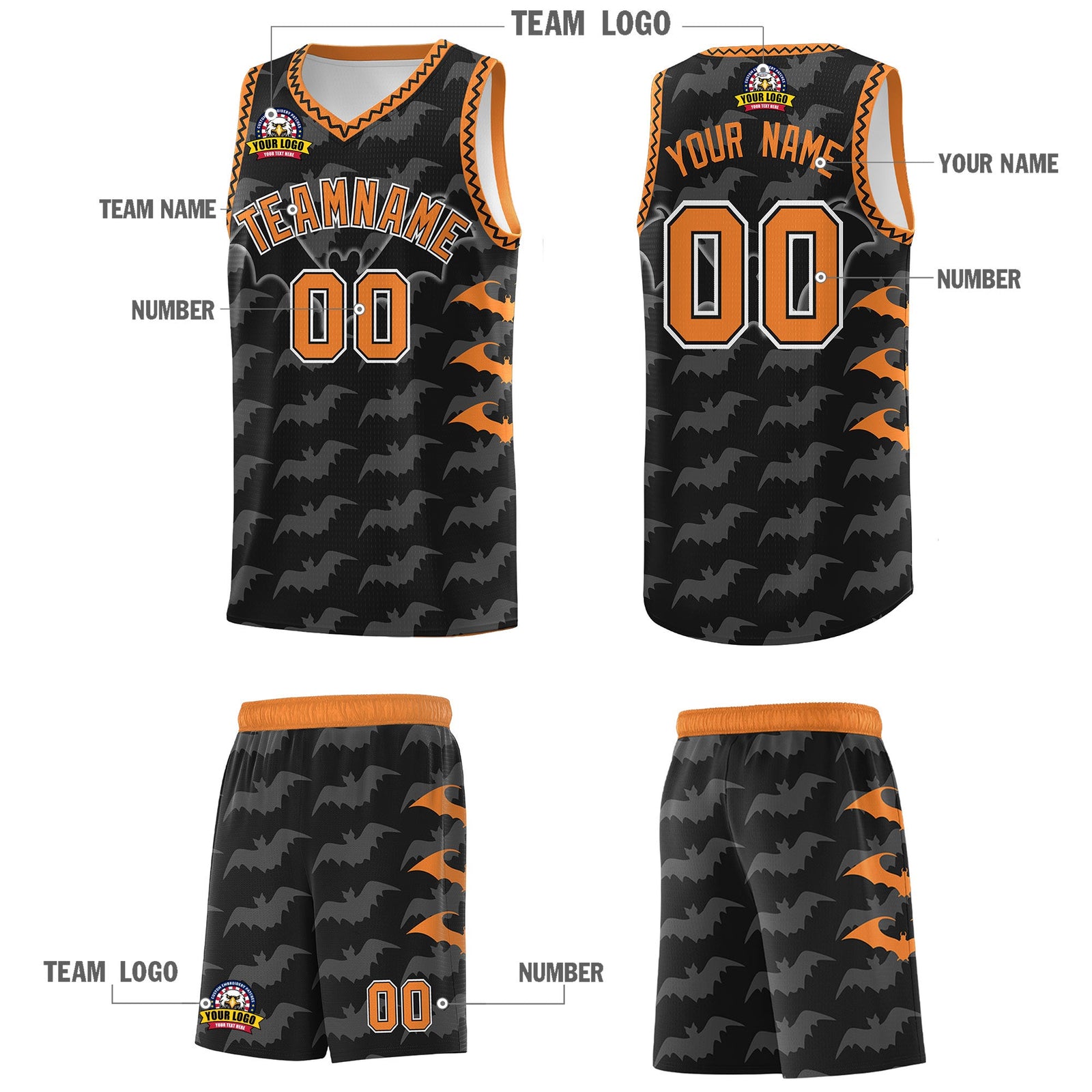 Custom Black Gold Orange Bat Pattern Halloween Basketball Jersey | For Men,For Kid,For Youth,Sublimation Printed,Perfect for Training,Perfect for Parties,Add Name and Numbern | KXKSHOP