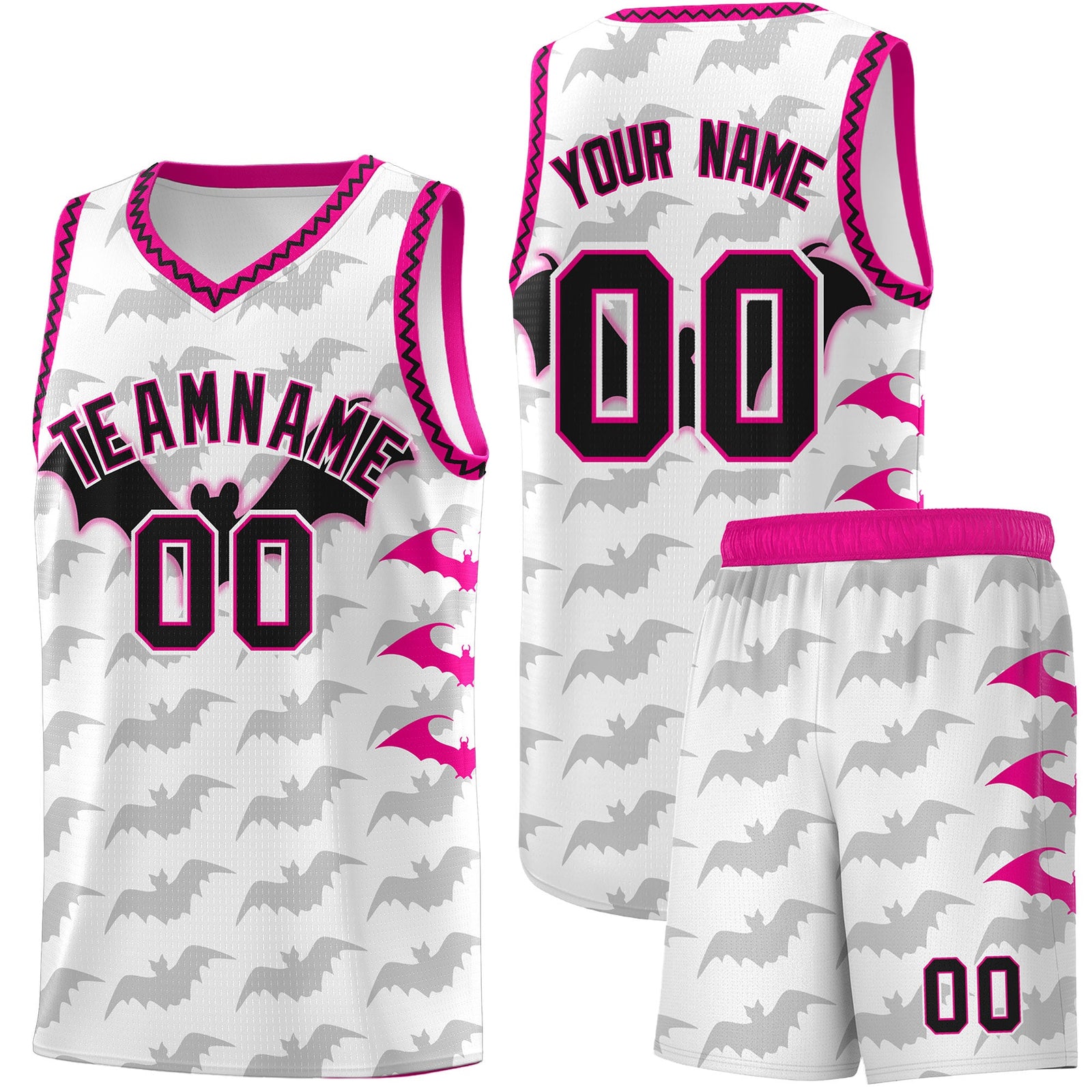 Custom White Pink Black Bat Pattern Halloween Basketball Jersey | For Men,For Kid,For Youth,Sublimation Printed,Perfect for Training,Perfect for Parties,Add Name and Numbern | KXKSHOP
