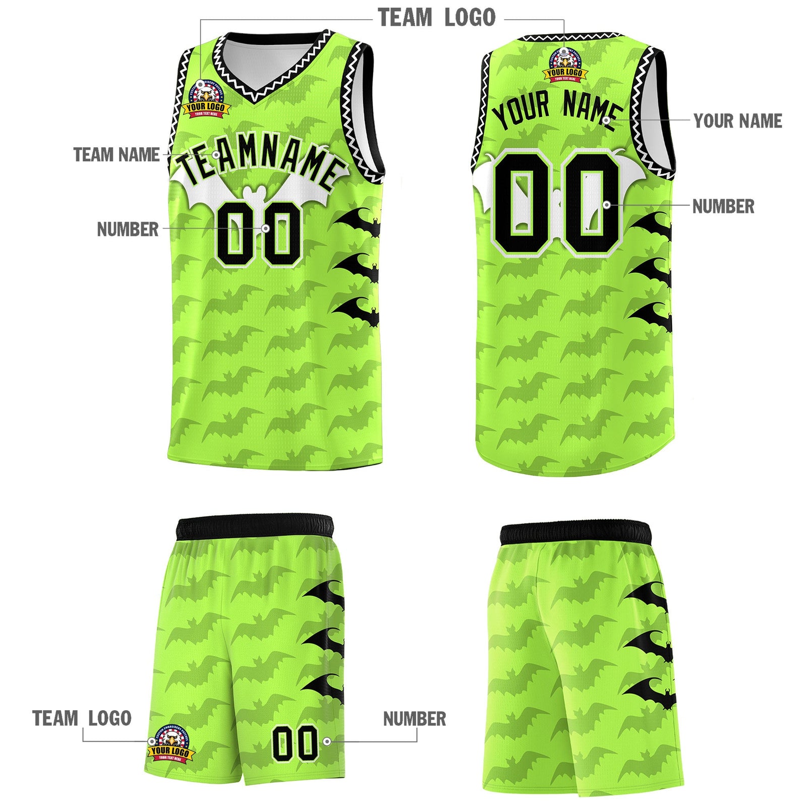 Custom Fluorescent Green White Bat Pattern Halloween Basketball Jersey | For Men,For Kid,For Youth,Sublimation Printed,Perfect for Training,Perfect for Parties,Add Name and Numbern | KXKSHOP