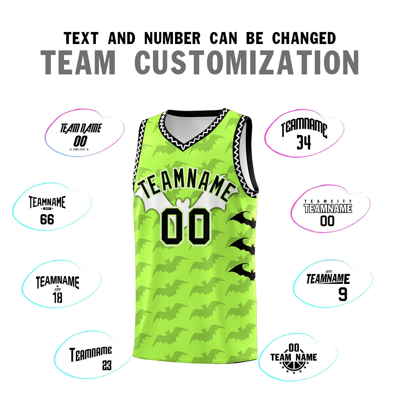 Custom Fluorescent Green White Bat Pattern Halloween Basketball Jersey | For Men,For Kid,For Youth,Sublimation Printed,Perfect for Training,Perfect for Parties,Add Name and Numbern | KXKSHOP