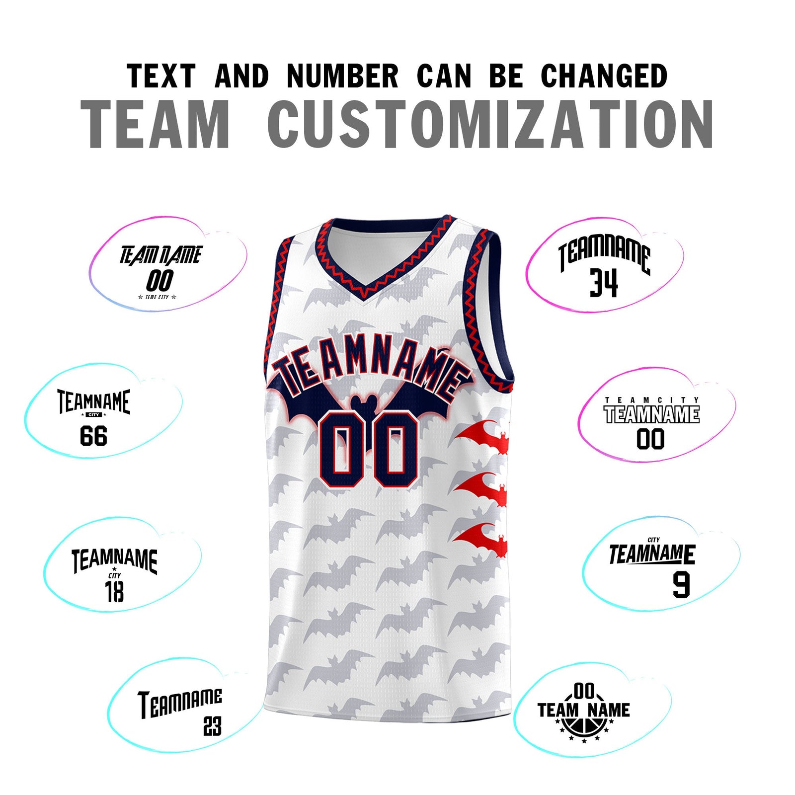 Custom White Red Navy Bat Pattern Halloween Basketball Jersey | For Men,For Kid,For Youth,Sublimation Printed,Perfect for Training,Perfect for Parties,Add Name and Numbern | KXKSHOP