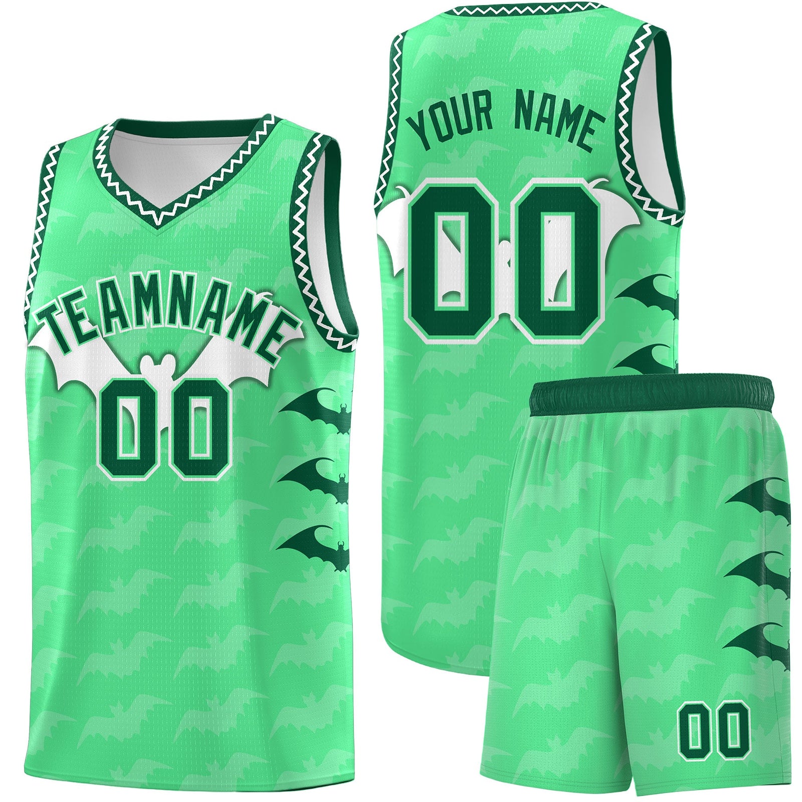 Custom Green White Bat Pattern Halloween Basketball Jersey | For Men,For Kid,For Youth,Sublimation Printed,Perfect for Training,Perfect for Parties,Add Name and Numbern | KXKSHOP